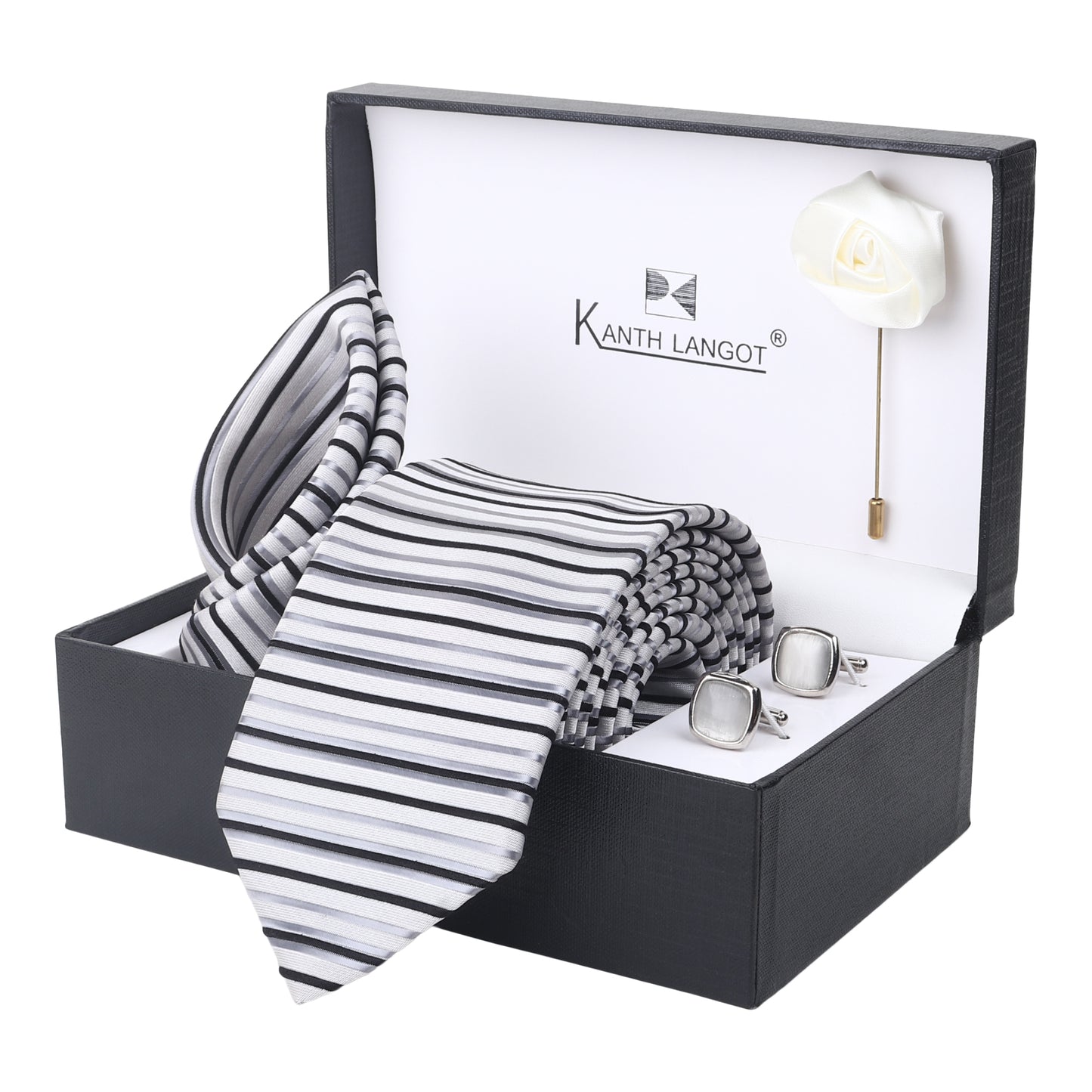 Kanthlangot Set of 4: White-Grey Striped Tie, Pocket Square, Silver Cufflinks & White Lapel Pin