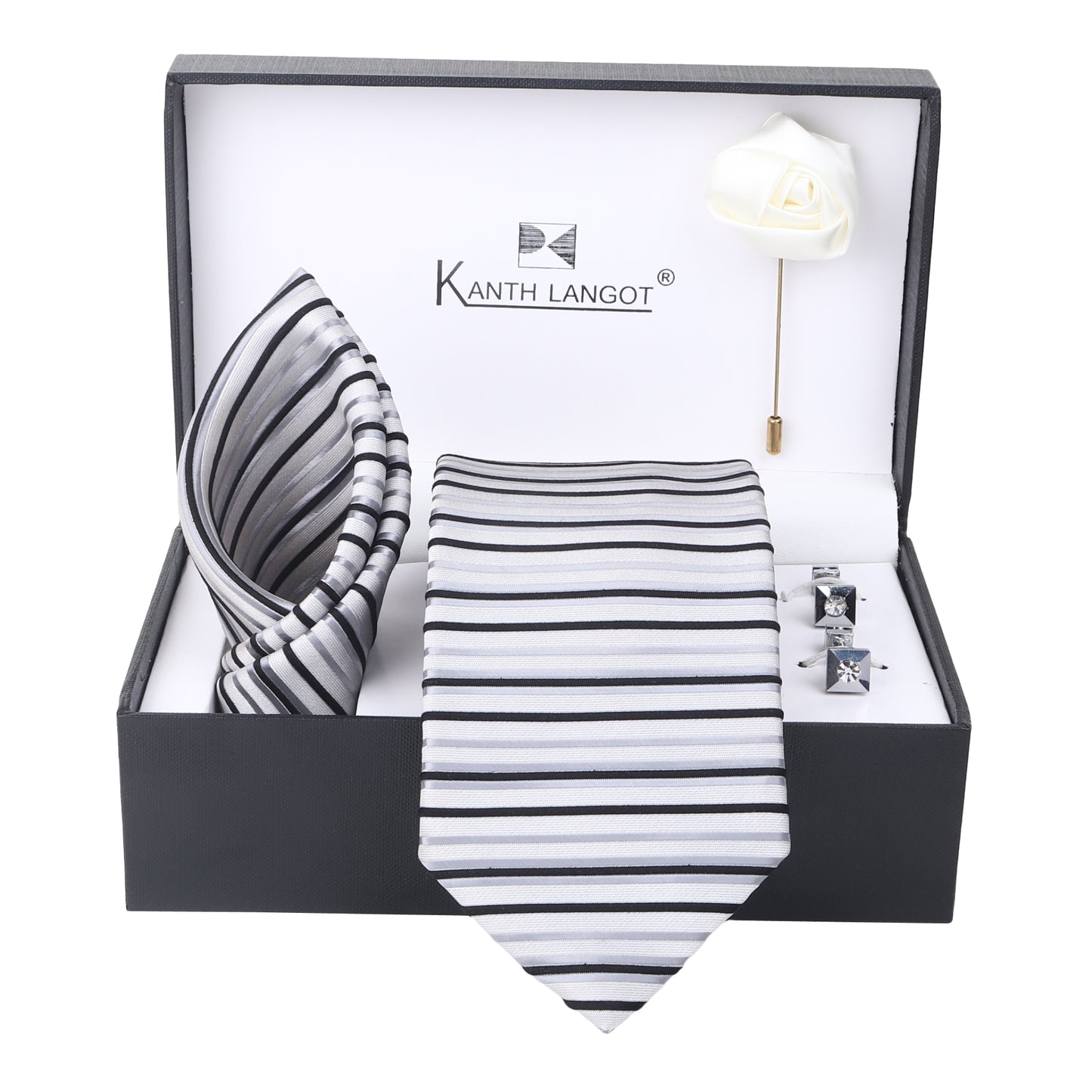 Kanthlangot Set of 4: White-Grey Striped Tie, Pocket Square, Crystal Cufflinks & White Lapel Pin in Gift Box