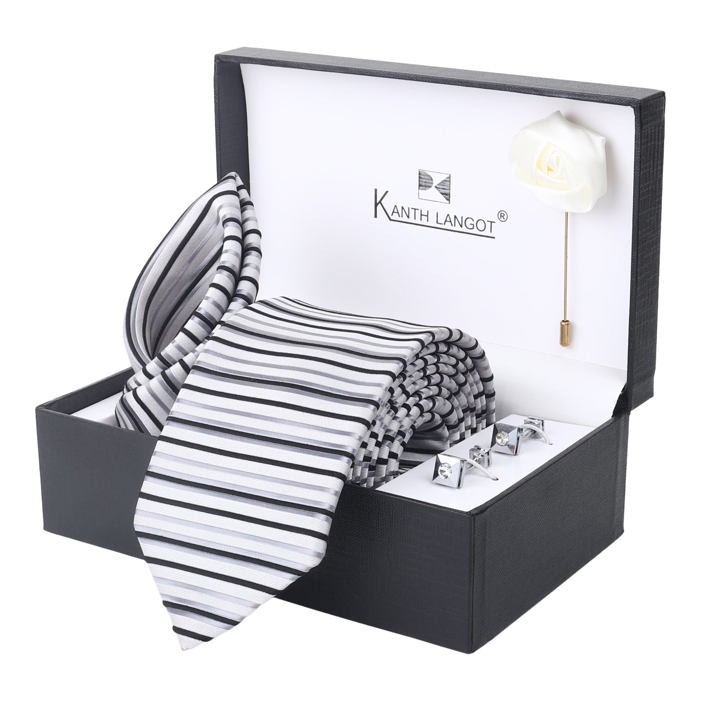 Kanthlangot Set of 4: White-Grey Striped Tie, Pocket Square, Crystal Cufflinks & White Lapel Pin in Gift Box