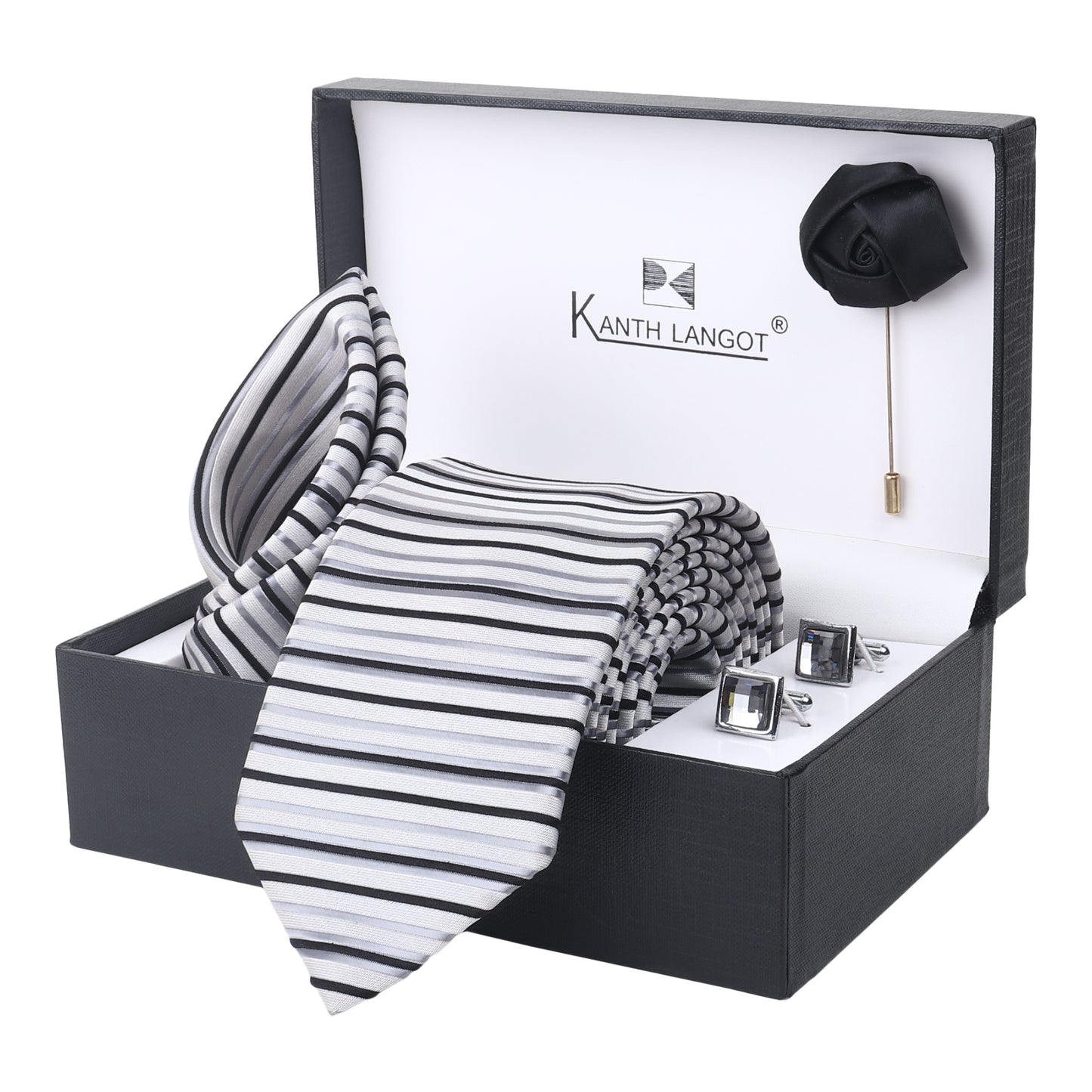 Kanthlangot Set of 4: White-Grey Striped Tie, Pocket Square, Black Lapel Pin & Crystal Cufflinks in Gift Box