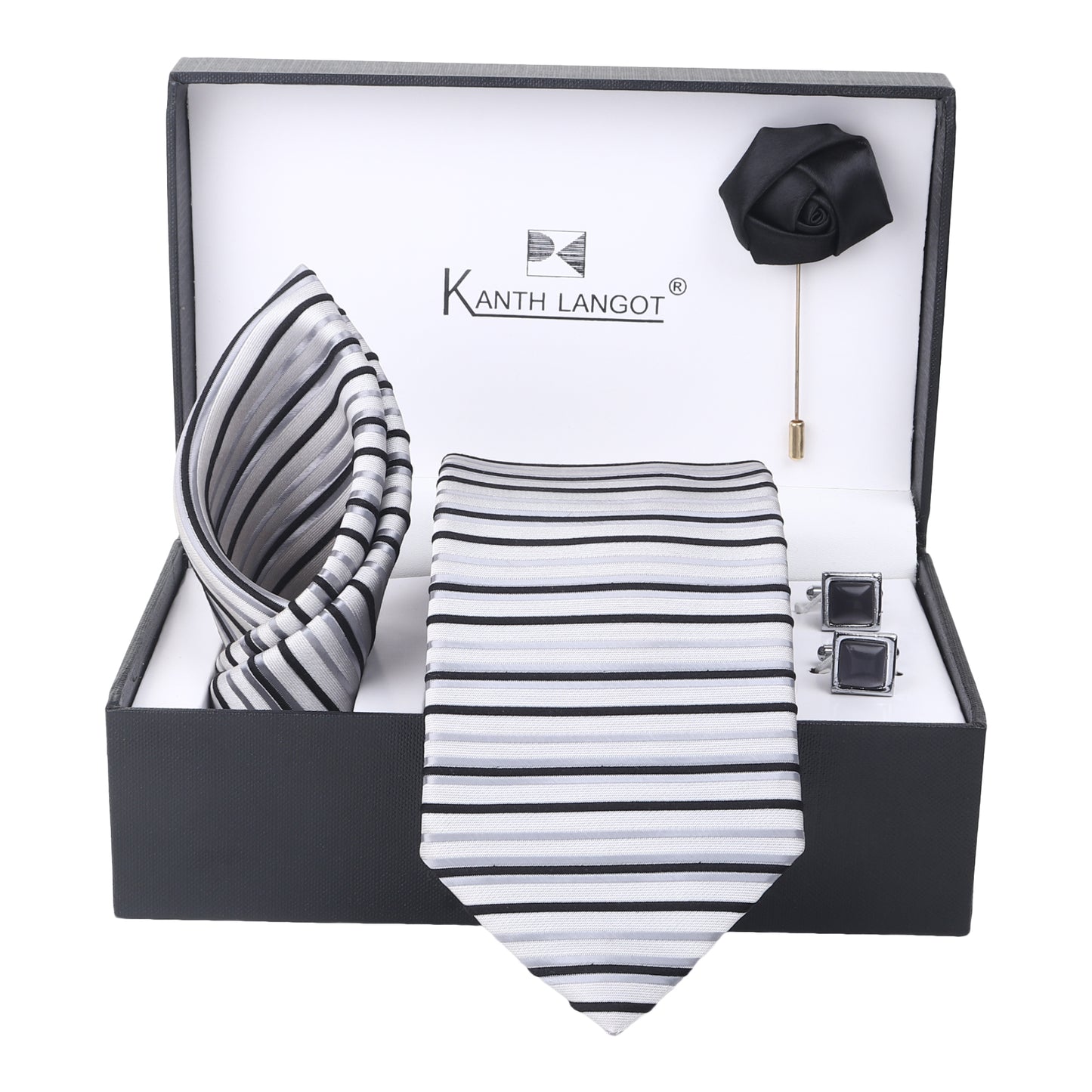 Kanthlangot Set of 4: White-Grey Striped Tie, Pocket Square, Black Lapel Pin & Jet Black Cufflinks in Gift Box