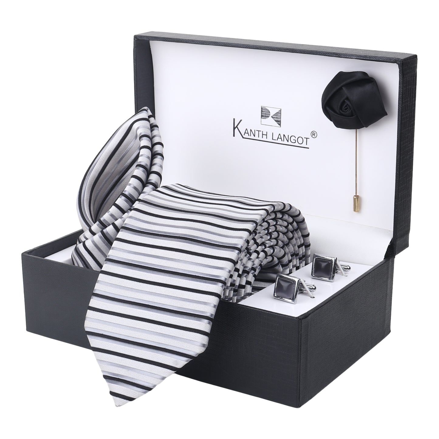 Kanthlangot Set of 4: White-Grey Striped Tie, Pocket Square, Black Lapel Pin & Jet Black Cufflinks in Gift Box