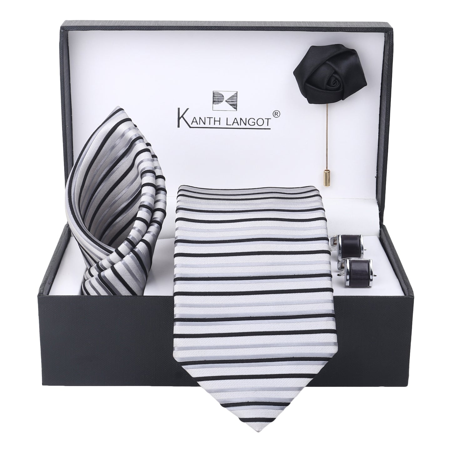 Kanthlangot Set of 4: White-Grey Striped Tie, Pocket Square, Black Lapel Pin & Metallic Black Cufflinks in Gift Box