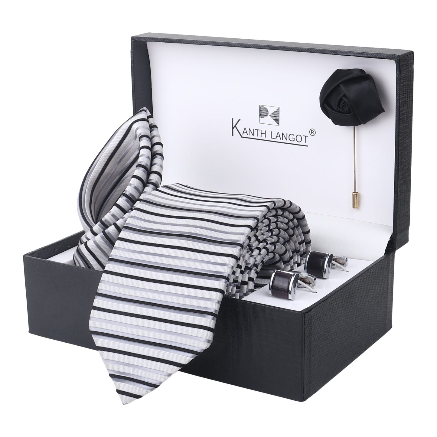 Kanthlangot Set of 4: White-Grey Striped Tie, Pocket Square, Black Lapel Pin & Metallic Black Cufflinks in Gift Box