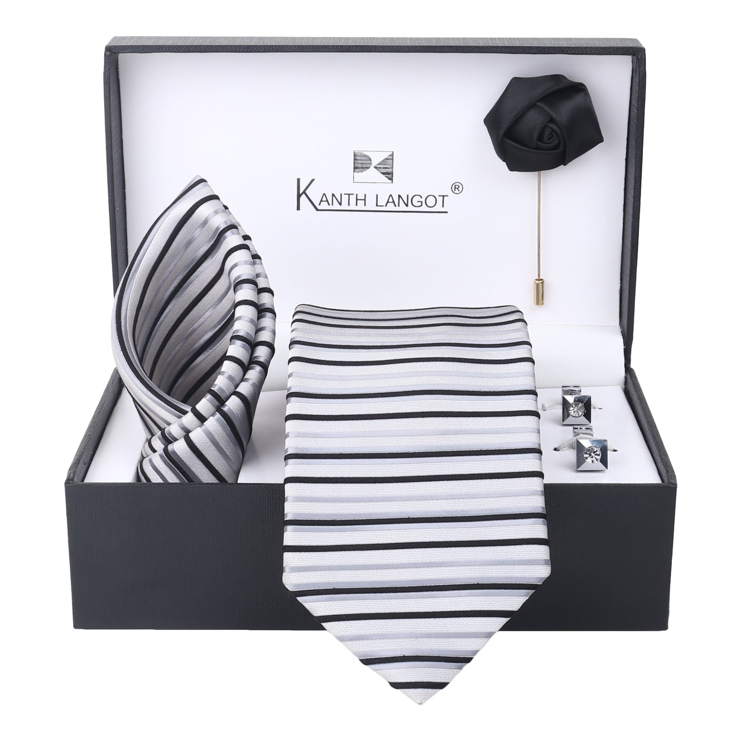 Kanthlangot Set of 4: striped tie, pocket square, black lapel pin & metallic black cufflinks. Gift-ready, stylish, and modern for every occasion.