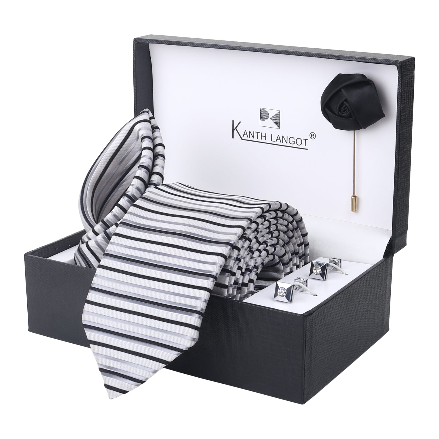 Kanthlangot Set of 4: striped tie, pocket square, black lapel pin & metallic black cufflinks. Gift-ready, stylish, and modern for every occasion.