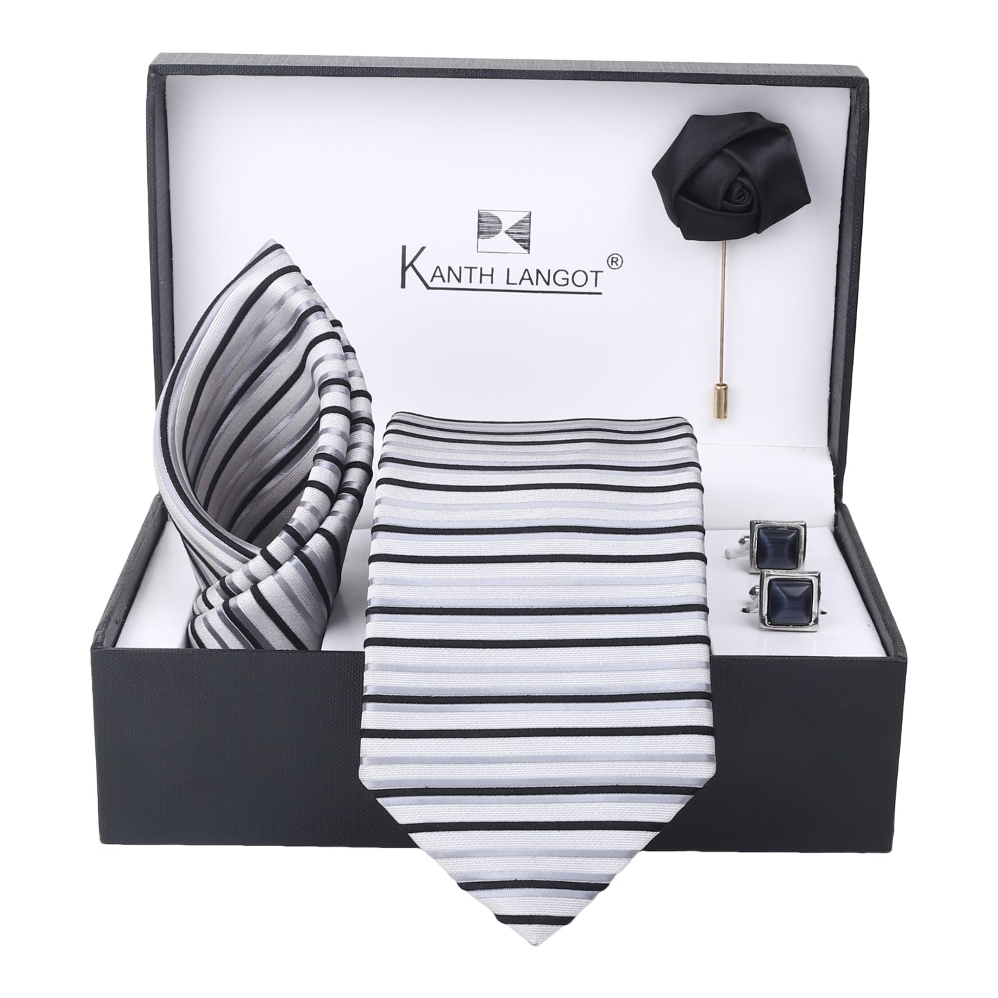 Kanthlangot Set of 4: striped tie, pocket square, black lapel pin & silver cufflinks. A gift-ready monochrome classic for the modern gentleman.