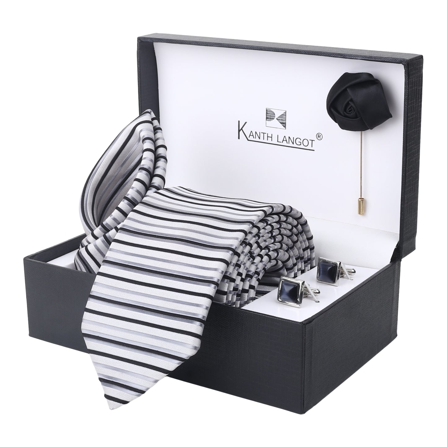 Kanthlangot Set of 4: striped tie, pocket square, black lapel pin & silver cufflinks. A gift-ready monochrome classic for the modern gentleman.