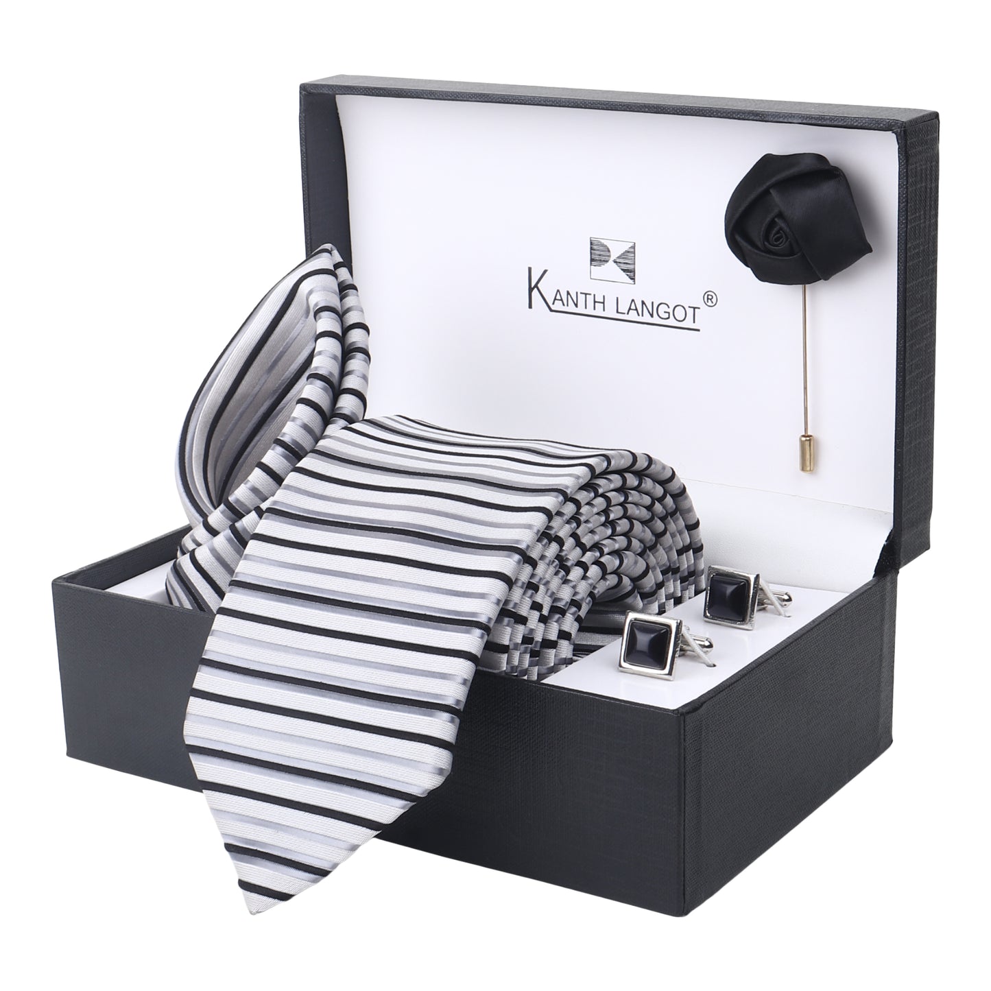Kanthlangot Grey-White Striped Necktie Gift Set – Set of 4 with Pocket Square, Cufflinks & Black Lapel Pin