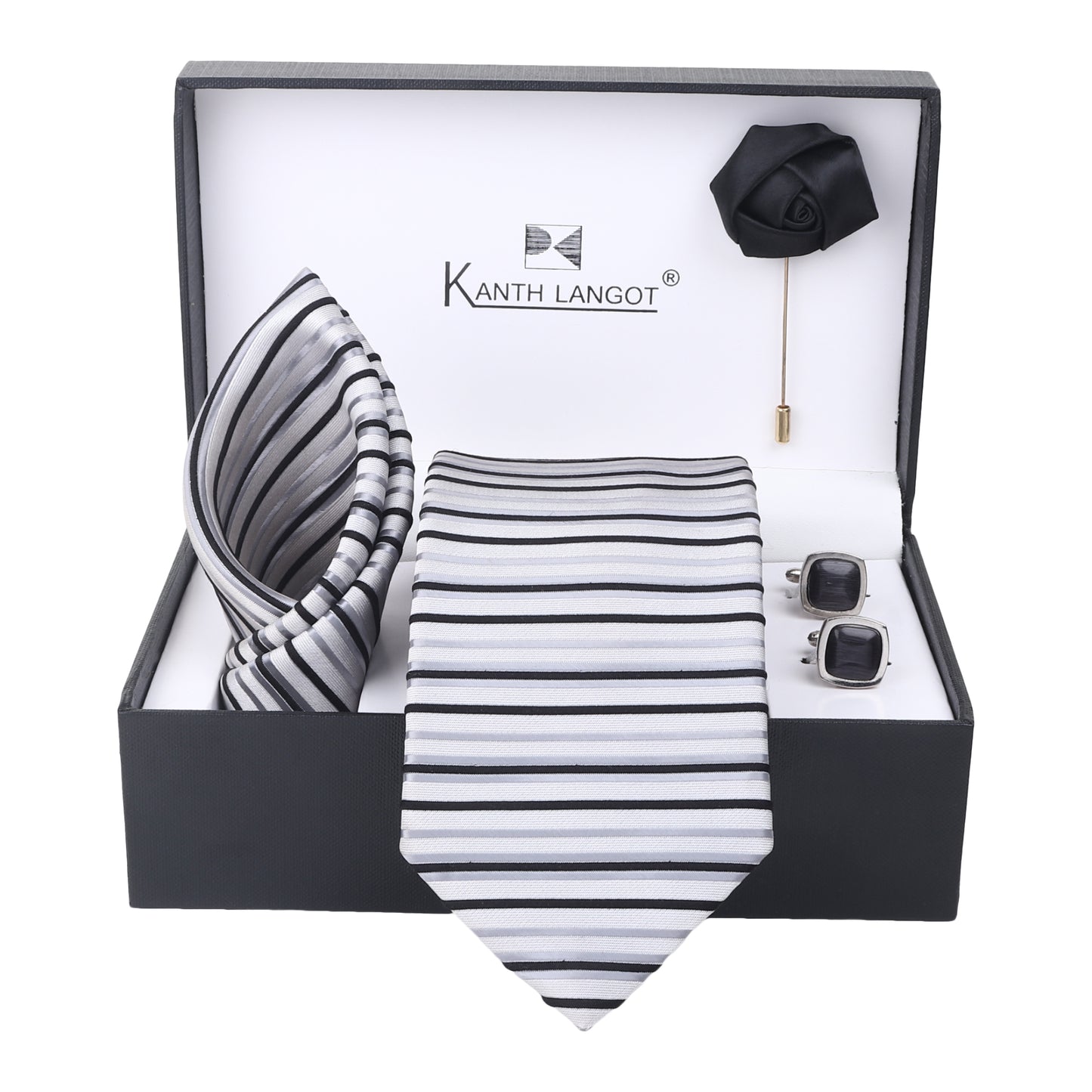 Kanthlangot Elegant Grey-Black Striped Necktie Set of 4 with Pocket Square, Cufflinks & Lapel Pin