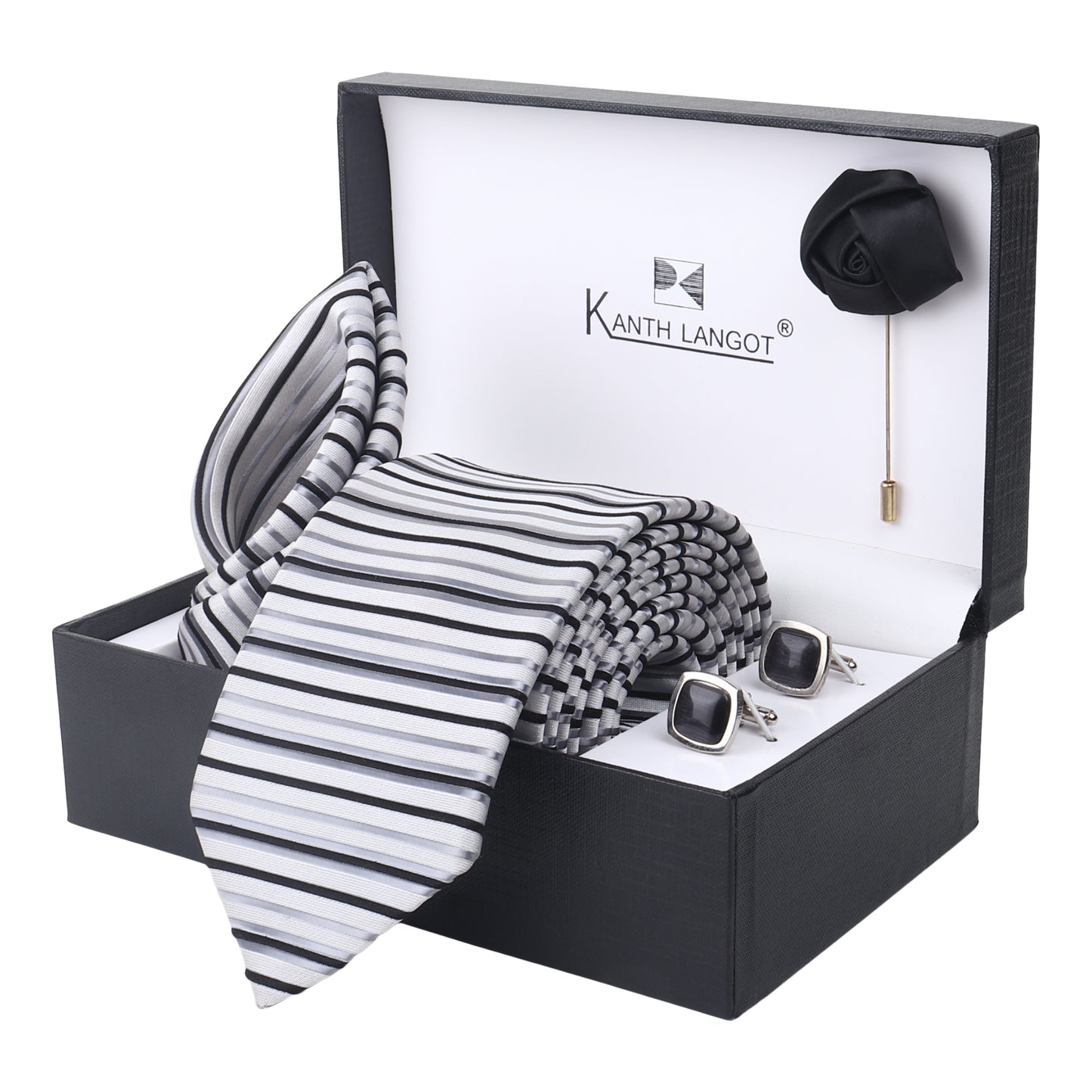 Kanthlangot Elegant Grey-Black Striped Necktie Set of 4 with Pocket Square, Cufflinks & Lapel Pin