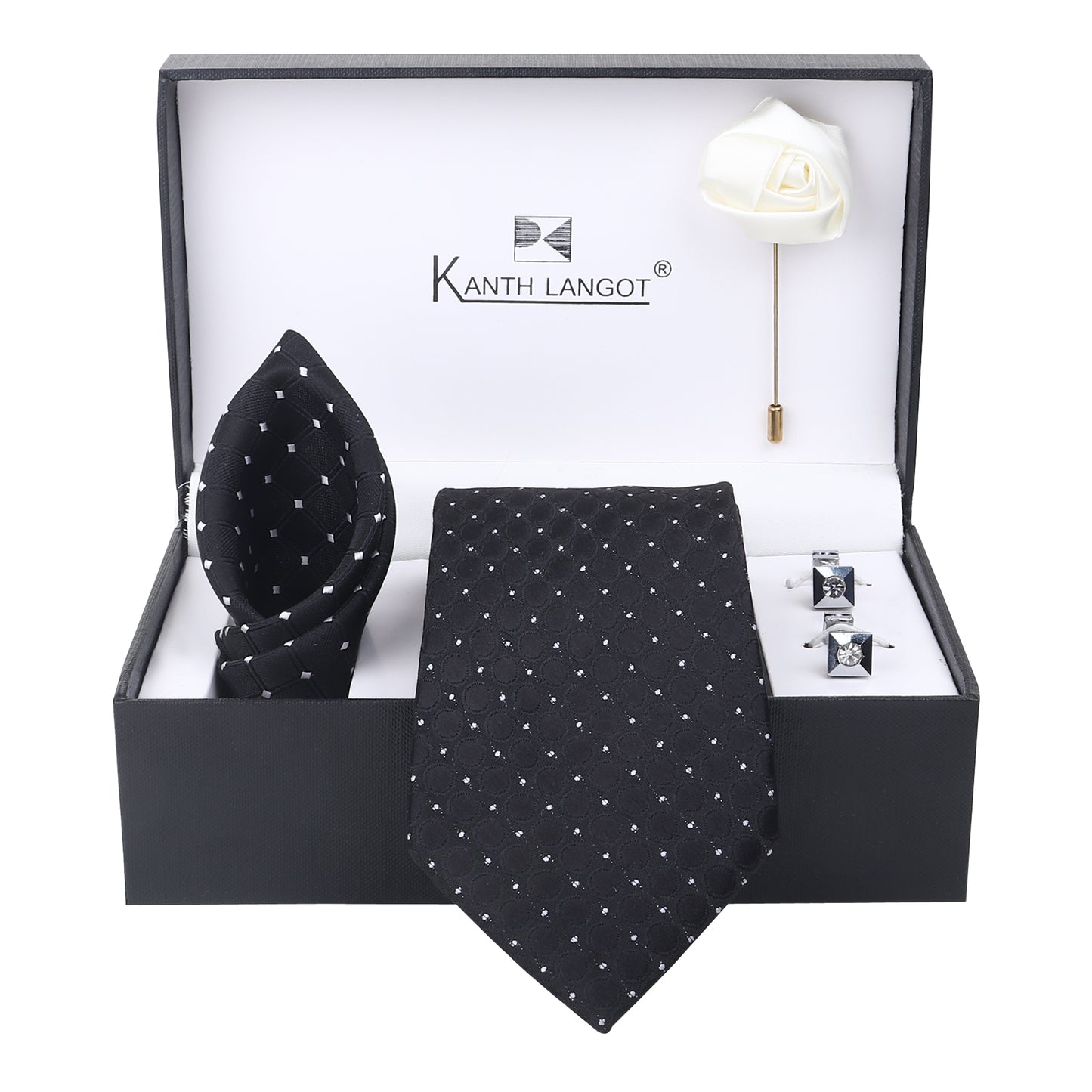 Kanthlangot grey-black striped necktie gift set of 4 with pocket square, cufflinks & lapel pin. 3”x58”. Dry clean only. Stylish & gift-ready.