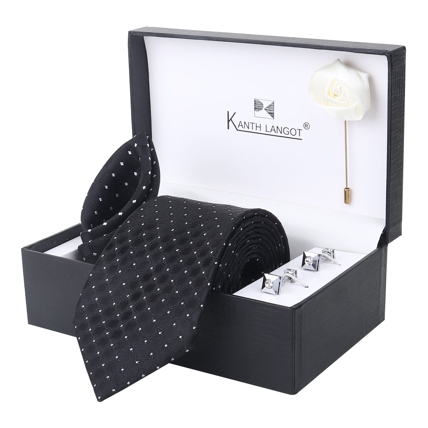 Kanthlangot grey-black striped necktie gift set of 4 with pocket square, cufflinks & lapel pin. 3”x58”. Dry clean only. Stylish & gift-ready.