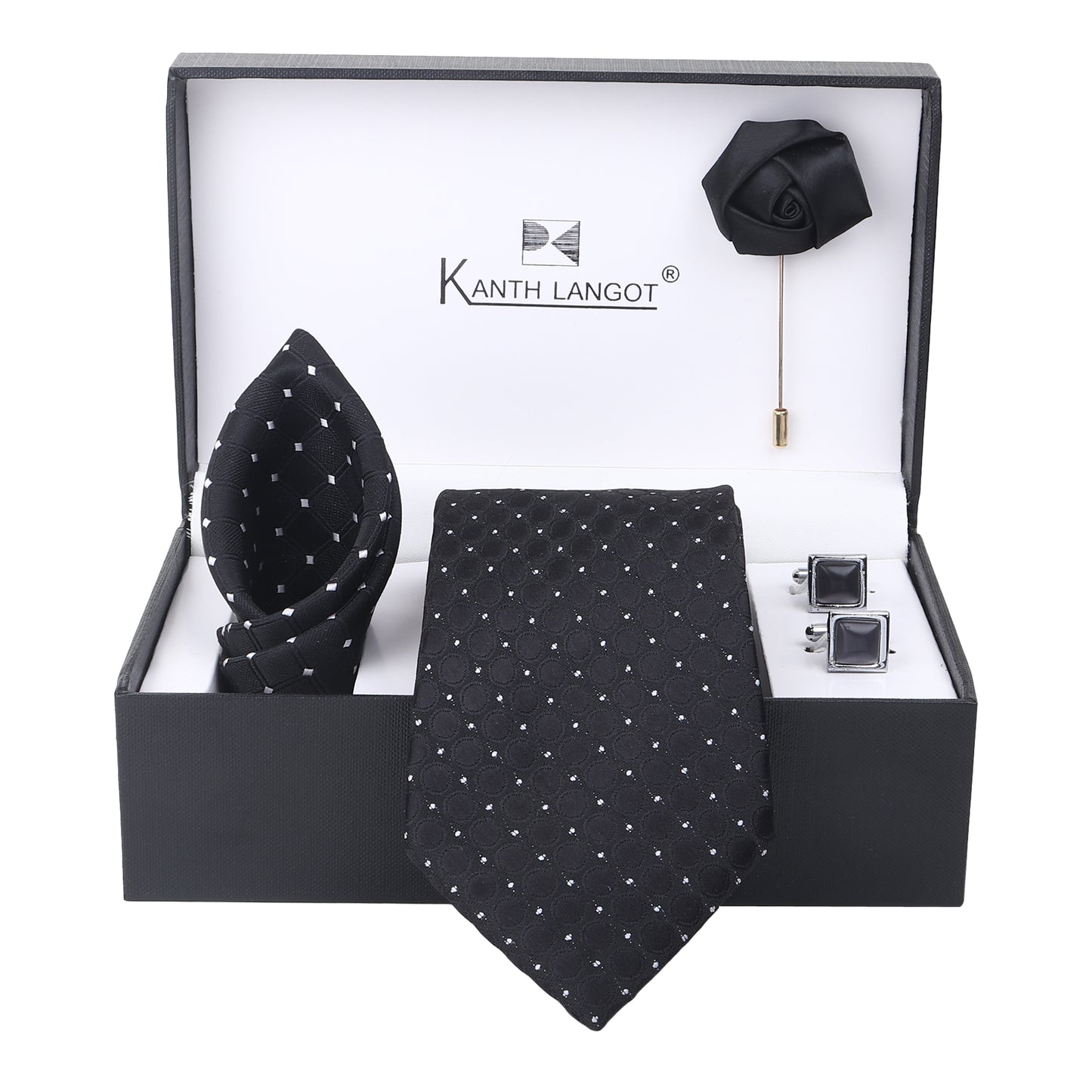 Kanthlangot Black Pin-Dot Textured Tie Set with Silver Cufflinks & Lapel Pin – Gift Box Combo