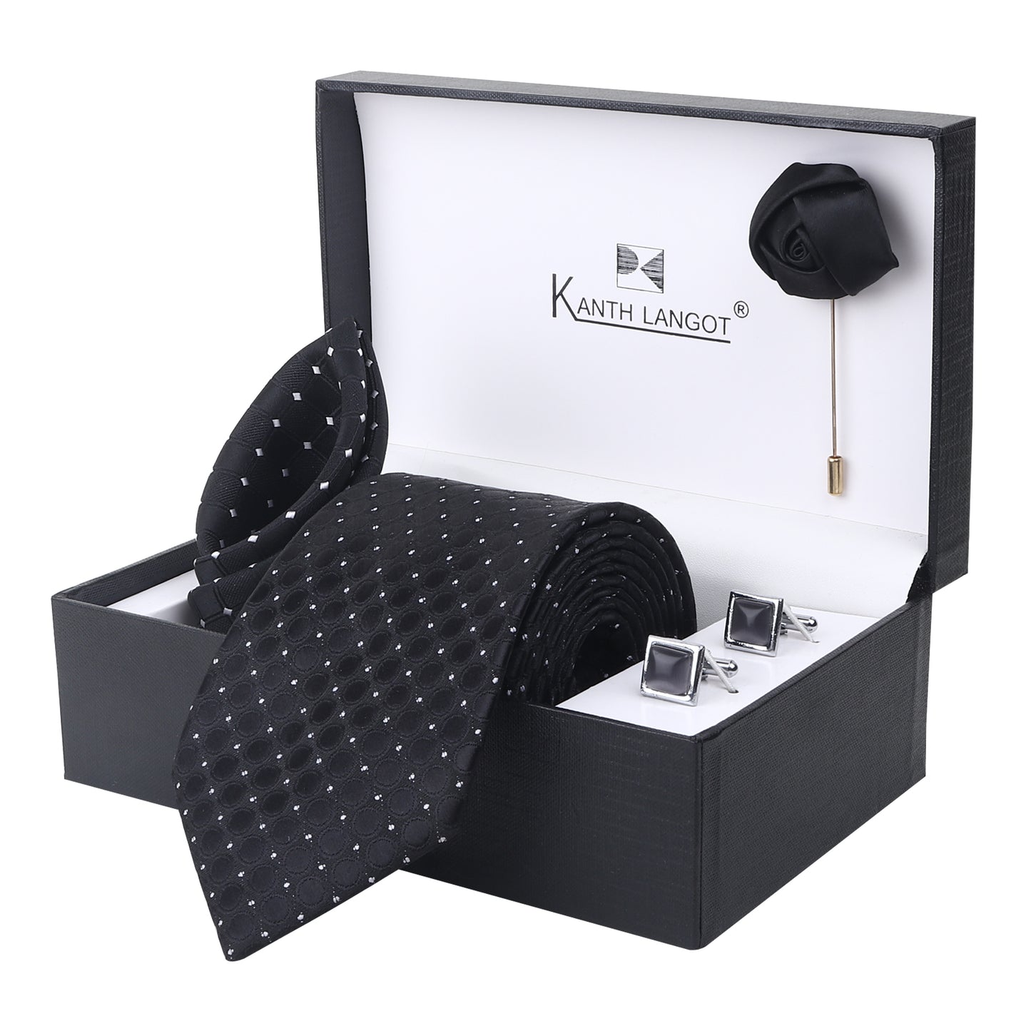Kanthlangot Black Pin-Dot Textured Tie Set with Silver Cufflinks & Lapel Pin – Gift Box Combo