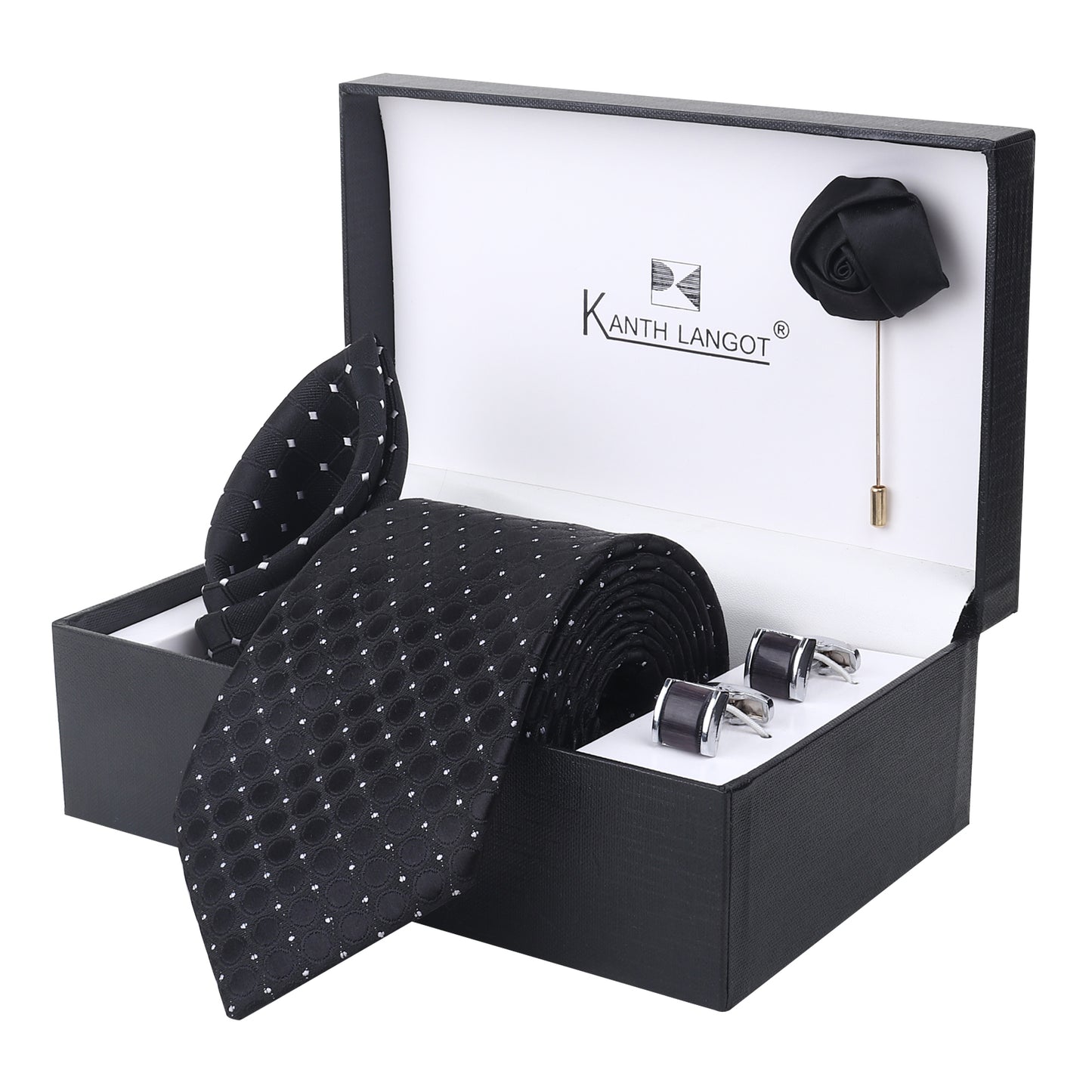 Kanthlangot Black Dot Textured Tie Set with Cufflinks, Pocket Square & Lapel Pin – Premium Gift Box
