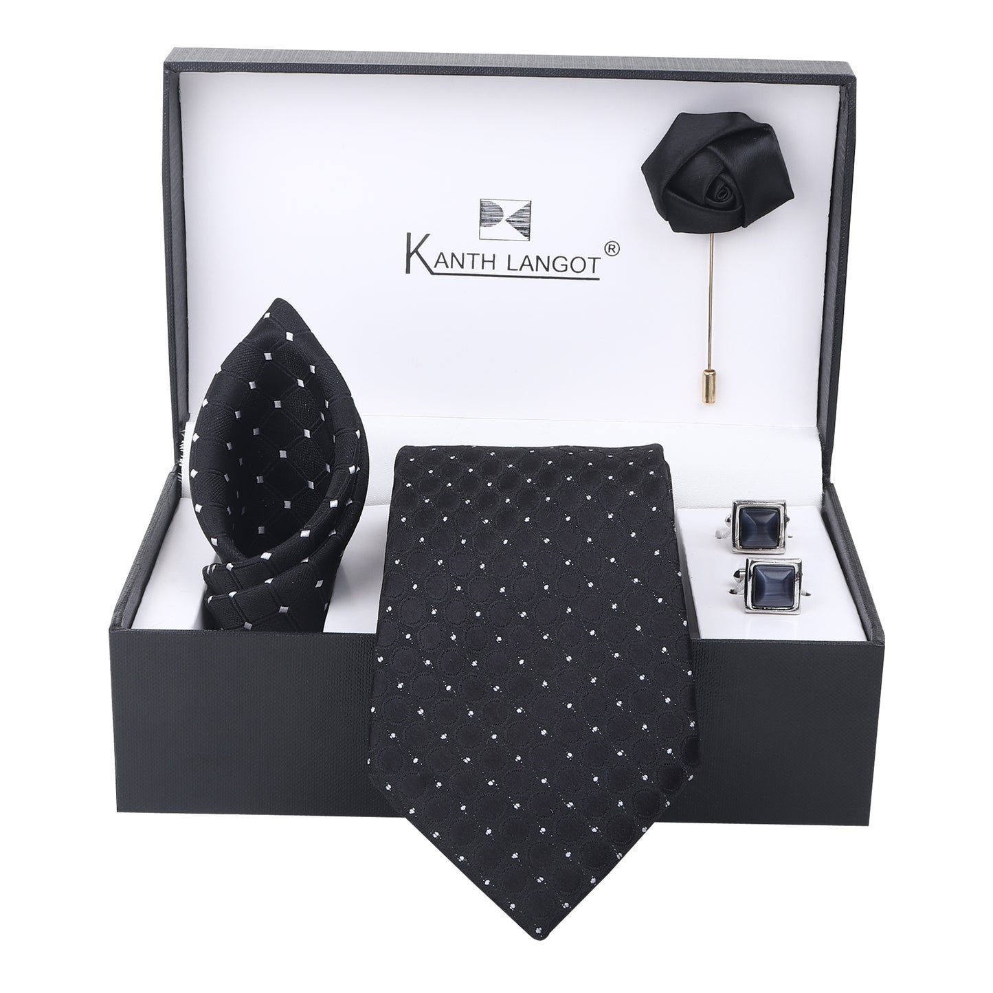 Kanthlangot Black Embossed Dot Tie Set with Square Cufflinks, Pocket Square & Lapel Pin – Premium Gift Box