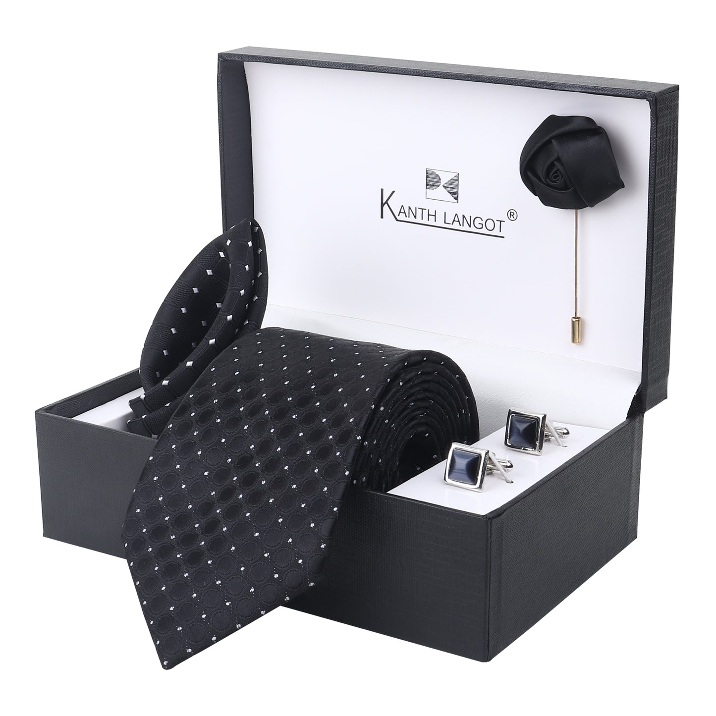 Kanthlangot Black Embossed Dot Tie Set with Square Cufflinks, Pocket Square & Lapel Pin – Premium Gift Box