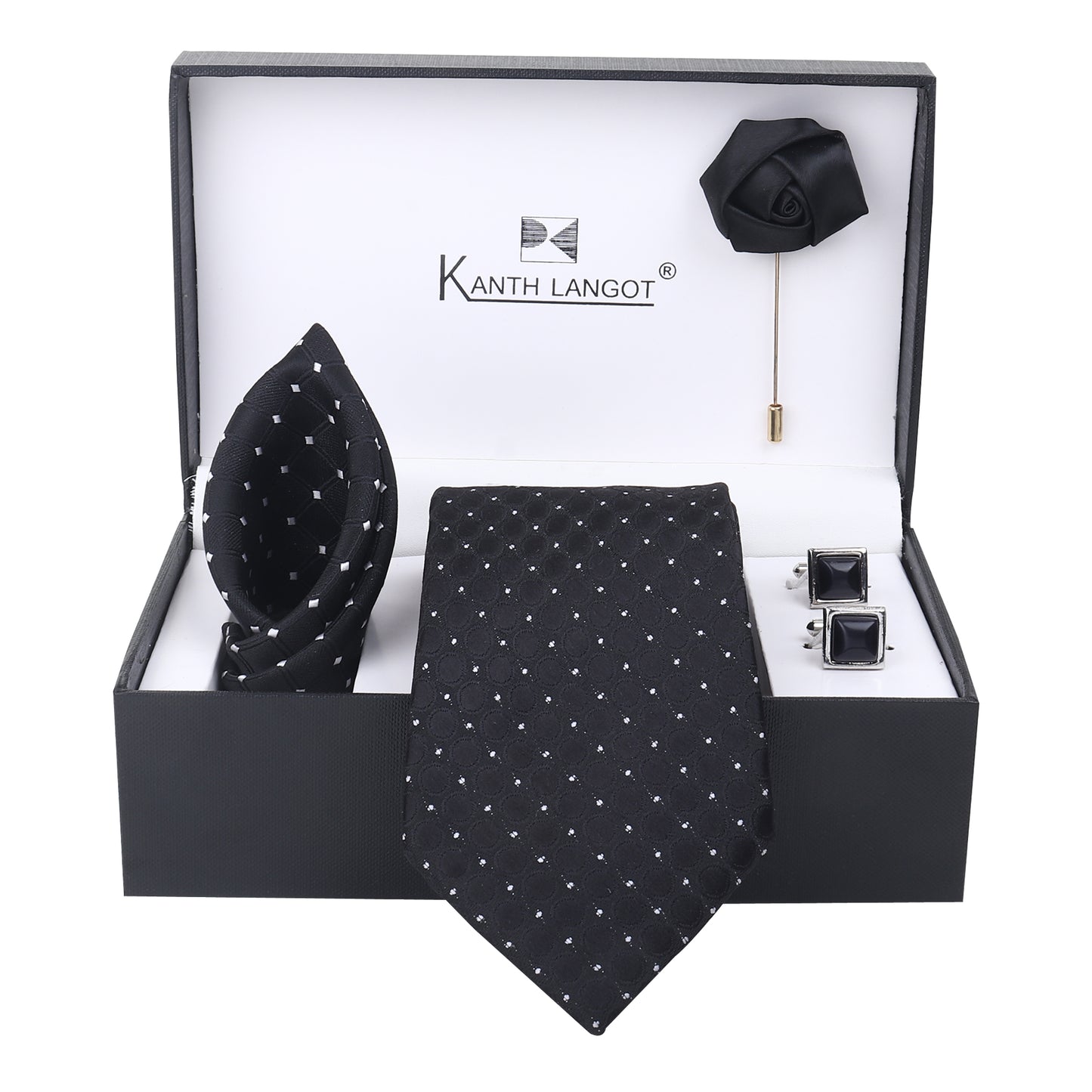 Kanthlangot Black Diamond Dot Tie Set with Rounded Cufflinks, Pocket Square & Lapel Pin