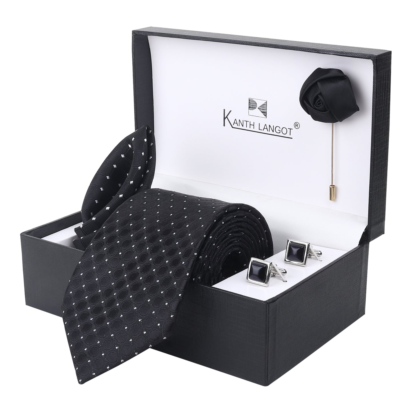 Kanthlangot Black Diamond Dot Tie Set with Rounded Cufflinks, Pocket Square & Lapel Pin