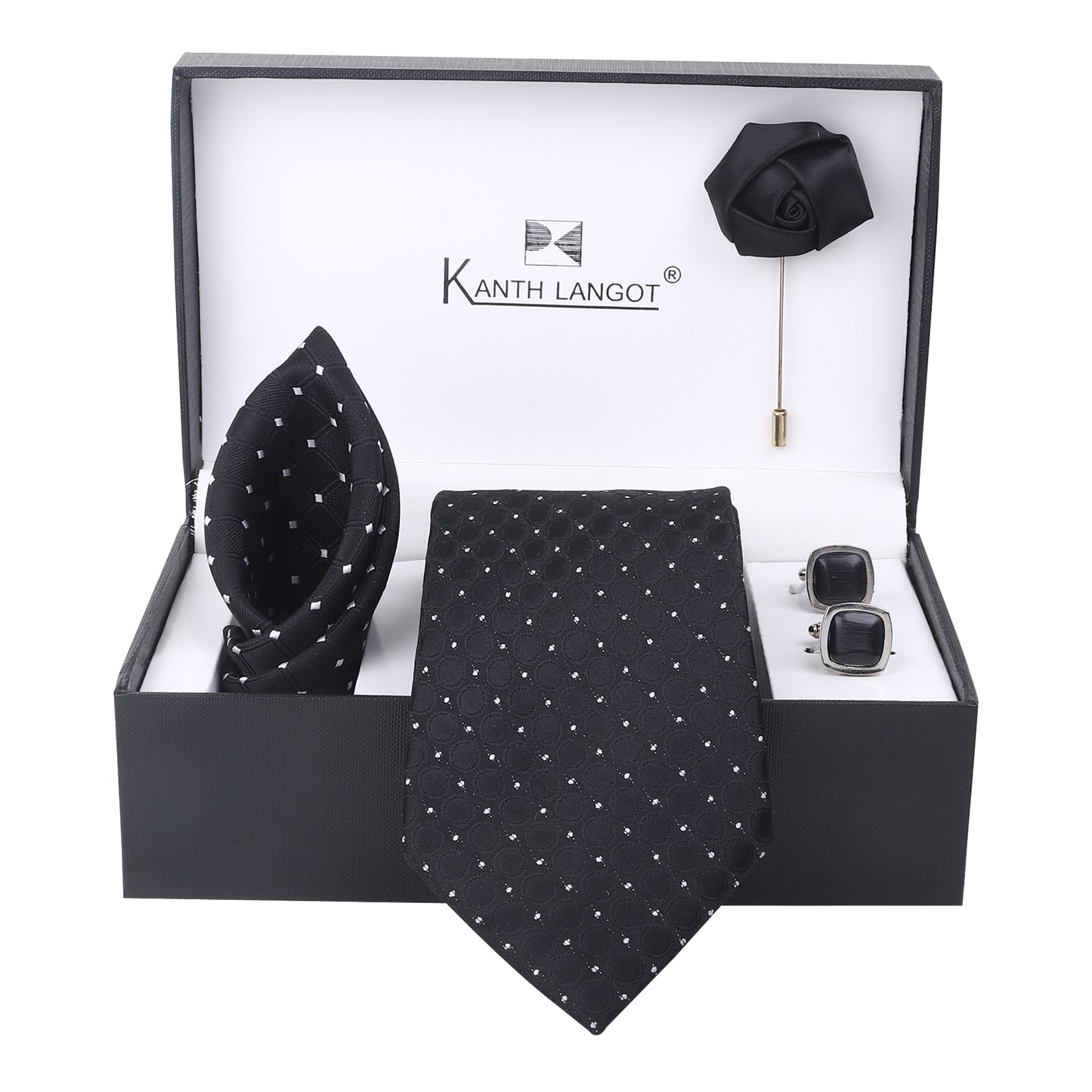 Black tie set by Kanthlangot featuring circle embossing, jet black cufflinks, pocket square and lapel pin. Bold formal gift for timeless styling.