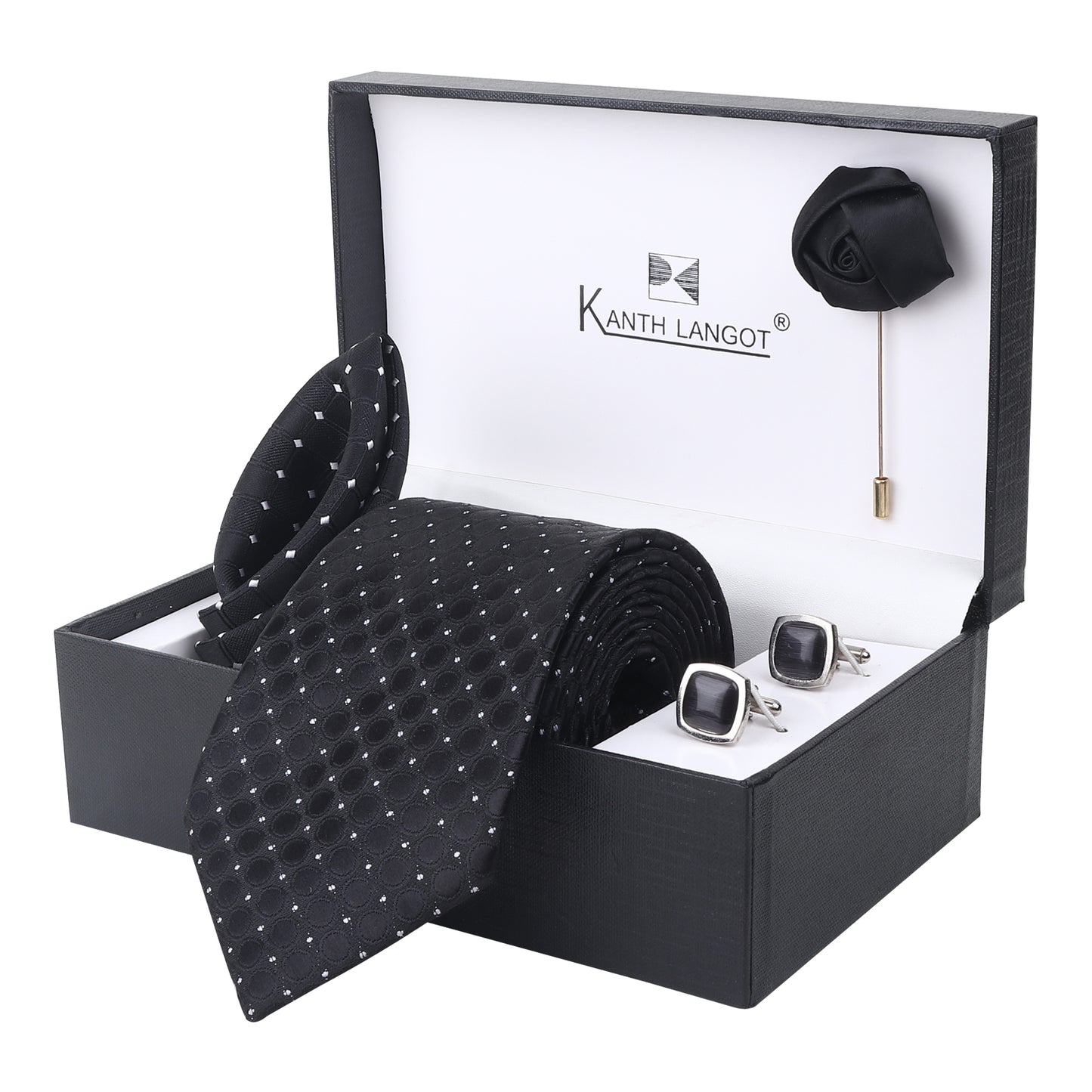 Black tie set by Kanthlangot featuring circle embossing, jet black cufflinks, pocket square and lapel pin. Bold formal gift for timeless styling.