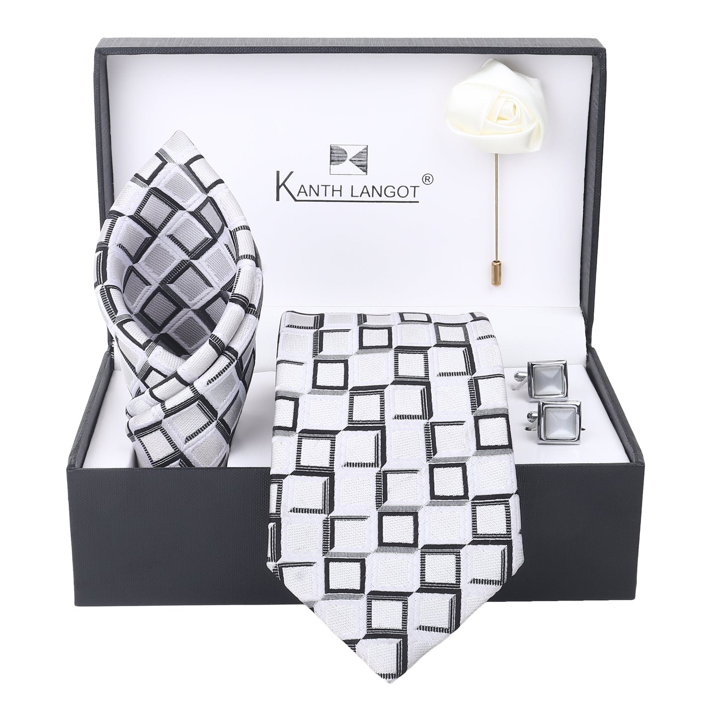 Kanthlangot White & Black Checkered Tie Set with Silver Cufflinks, Pocket Square & Lapel Pin