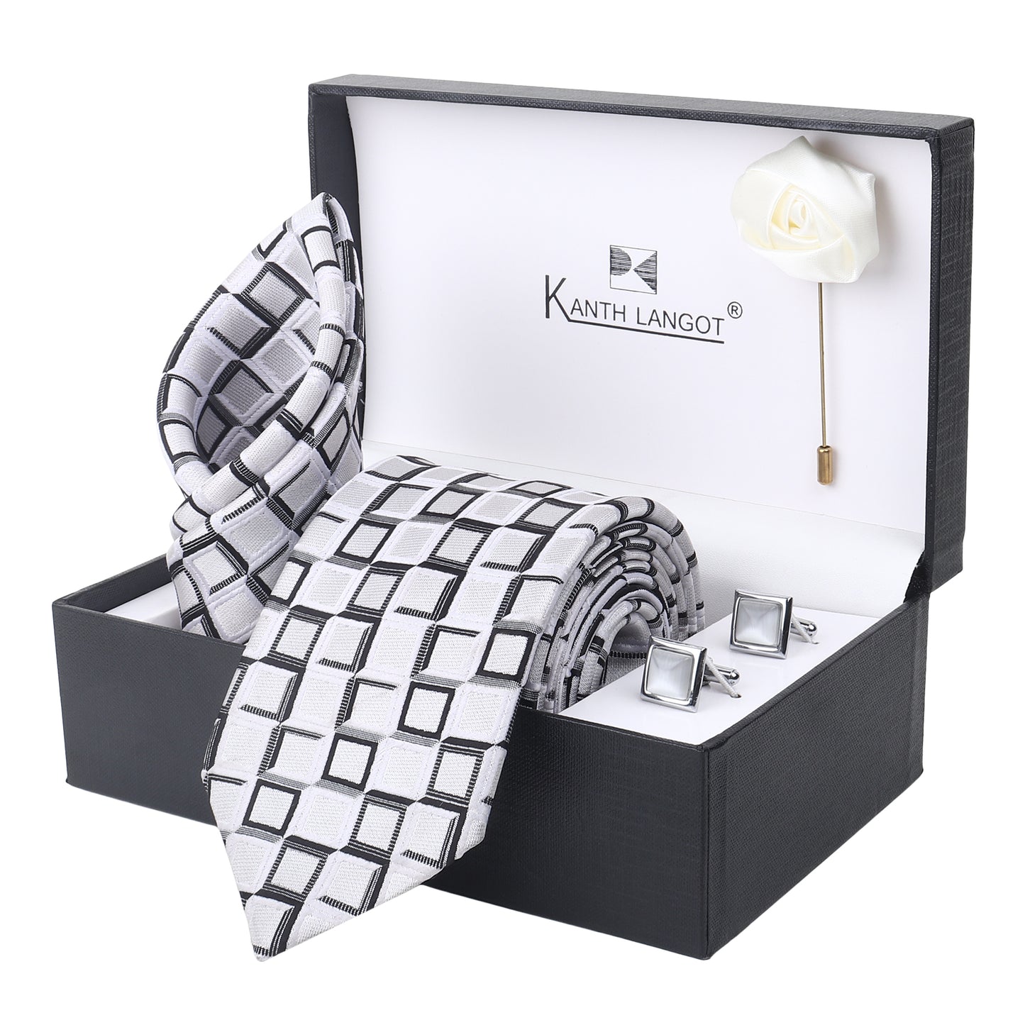 Kanthlangot White & Black Checkered Tie Set with Silver Cufflinks, Pocket Square & Lapel Pin