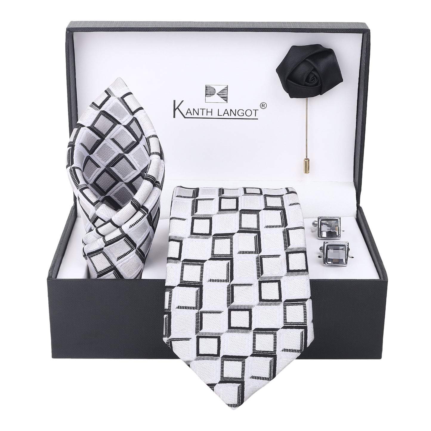 Kanthlangot Silver Grid Checkered Necktie Gift Set – Tie, Pocket Square, Cufflinks & Lapel Pin
