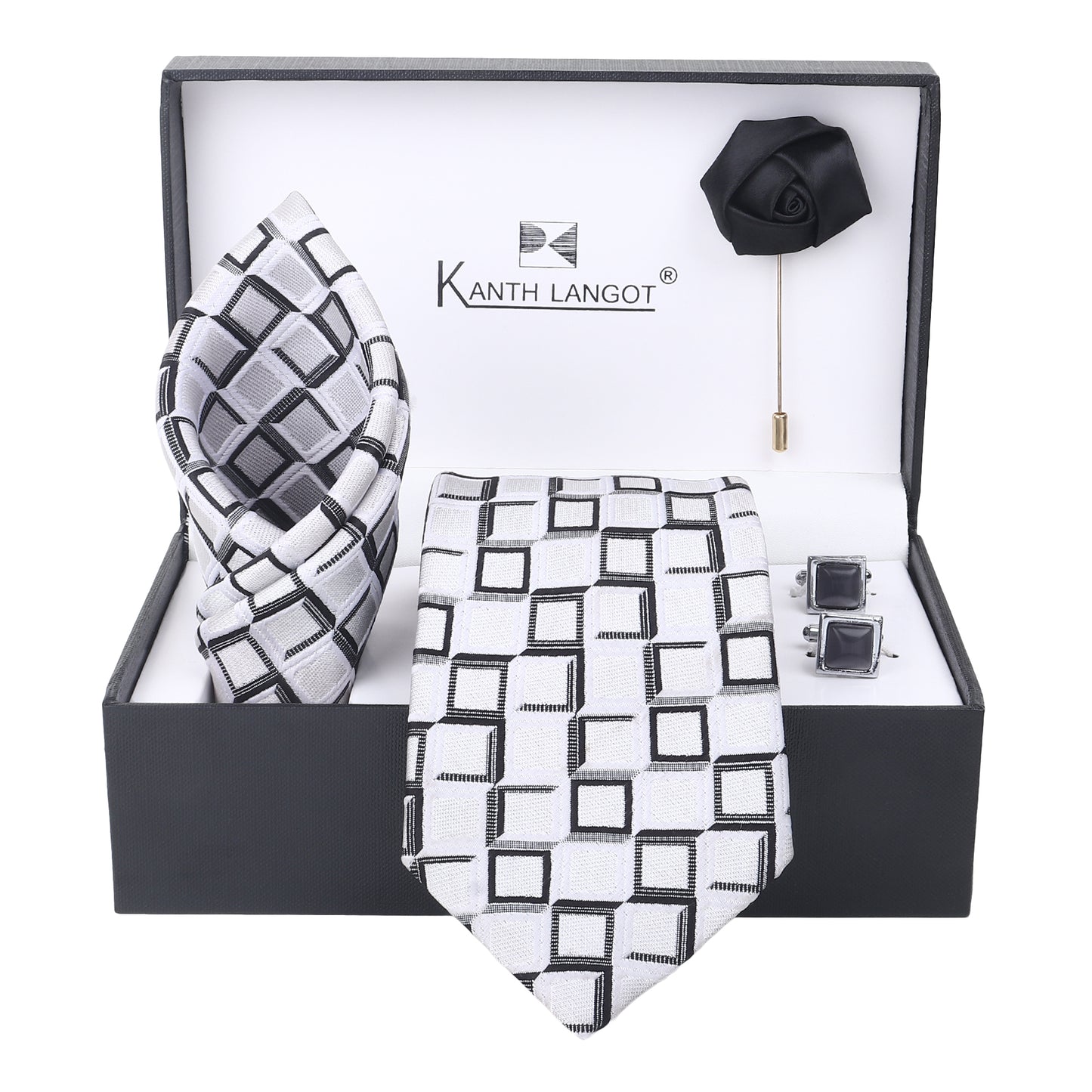 Kanthlangot White & Black Mosaic Necktie Gift Set – Tie, Pocket Square, Cufflinks & Lapel Pin