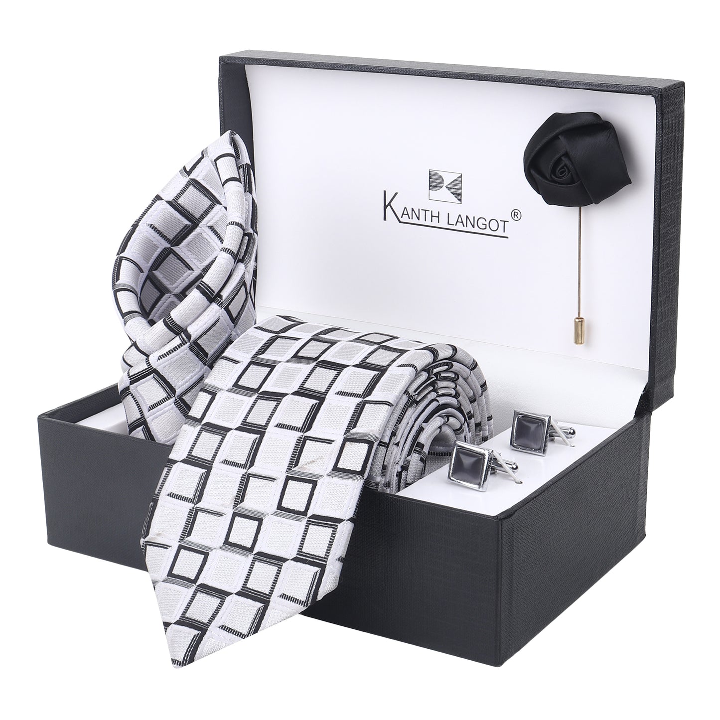 Kanthlangot White & Black Mosaic Necktie Gift Set – Tie, Pocket Square, Cufflinks & Lapel Pin