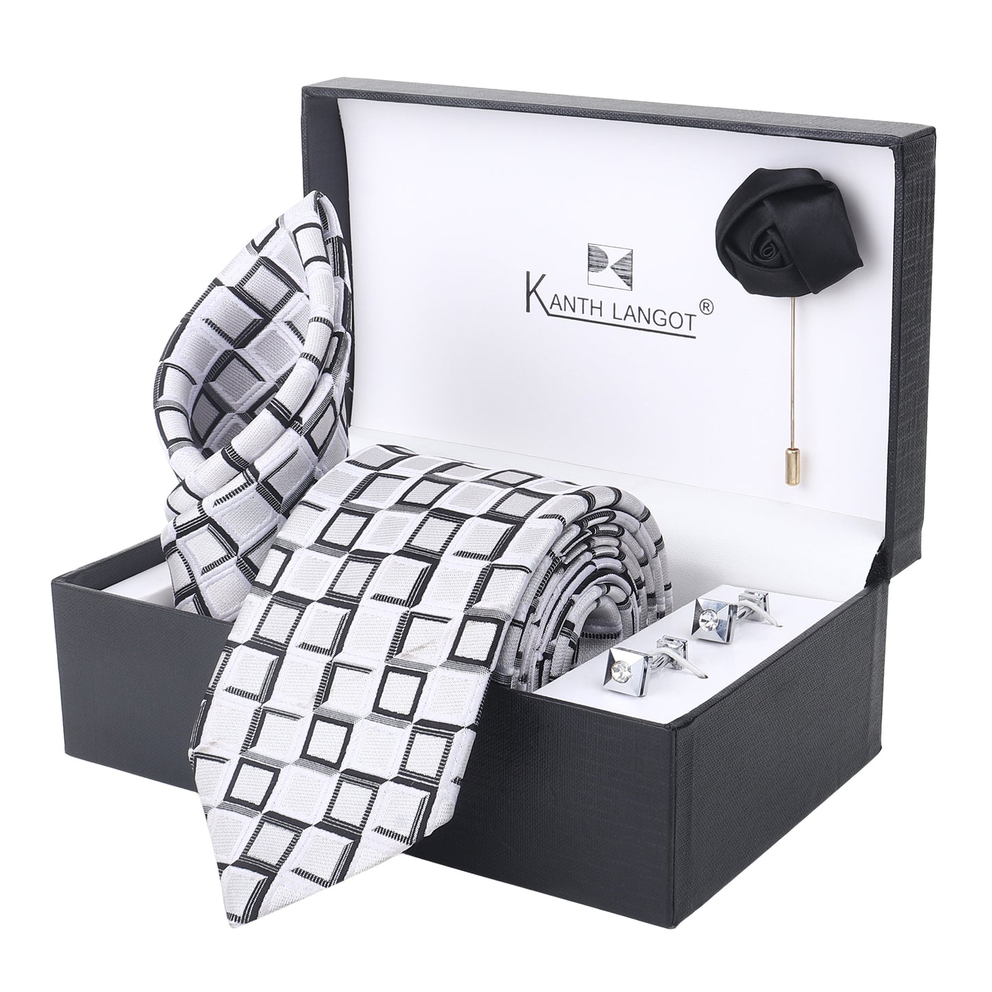 Kanthlangot White Grid Necktie Gift Set with Crystal Cufflinks & Black Lapel Pin