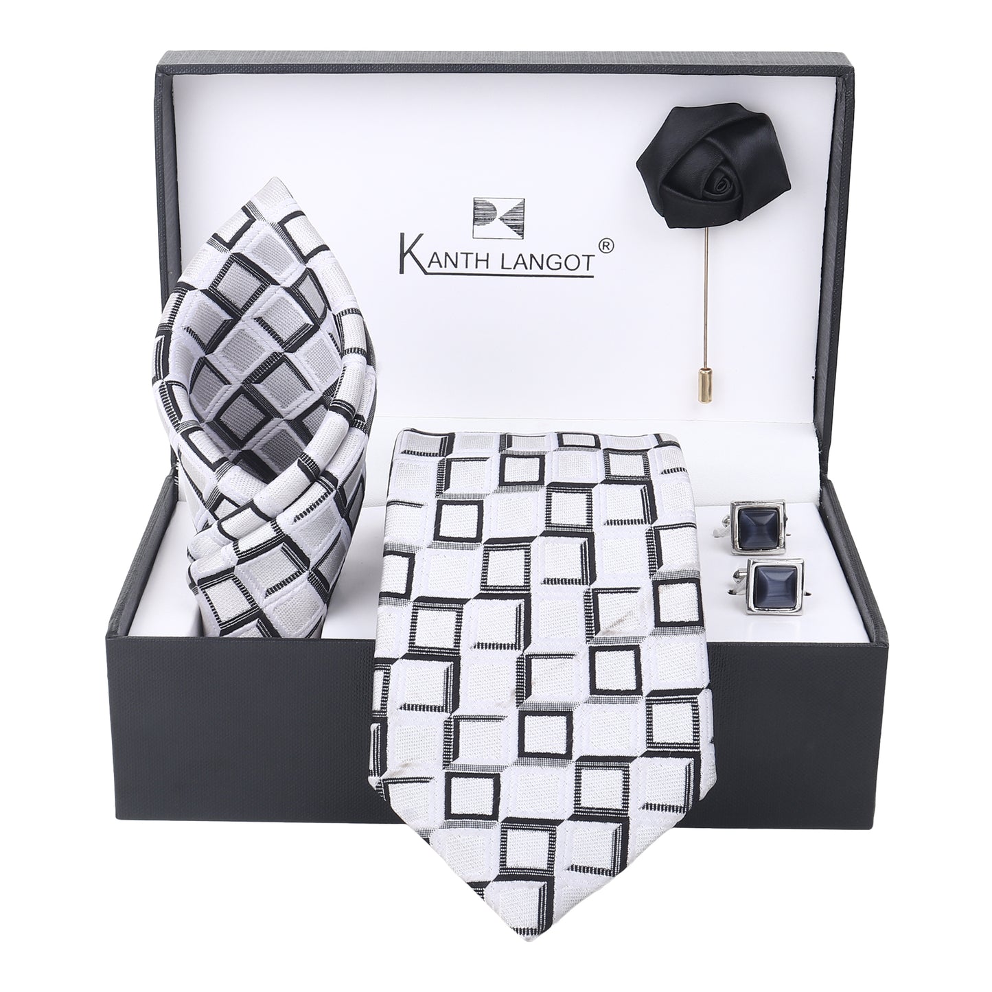 Kanthlangot White Grid Tie Set with Black Square Cufflinks & Rose Lapel Pin