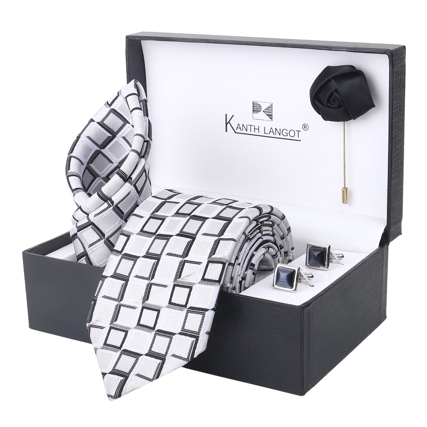 Kanthlangot White Grid Tie Set with Black Square Cufflinks & Rose Lapel Pin