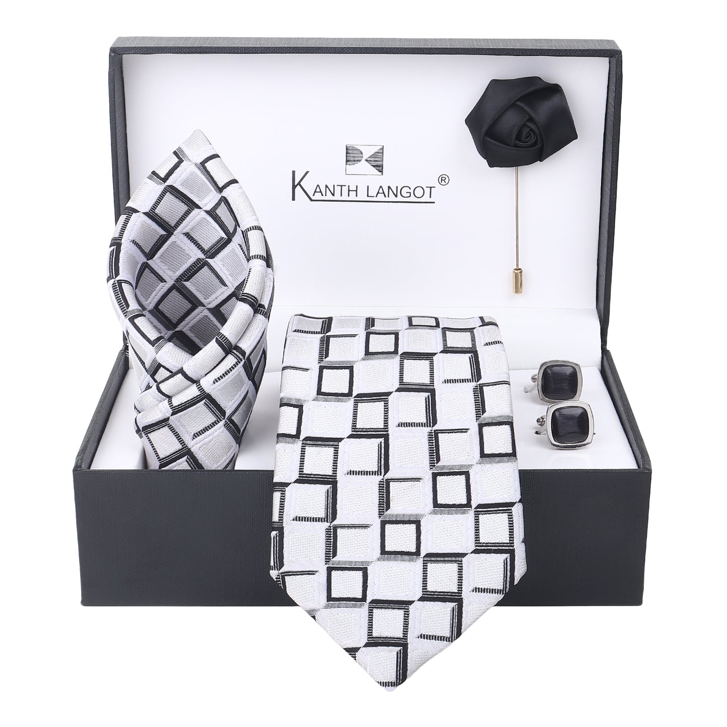Kanthlangot White Square Check Tie Set with Black Border Cufflinks