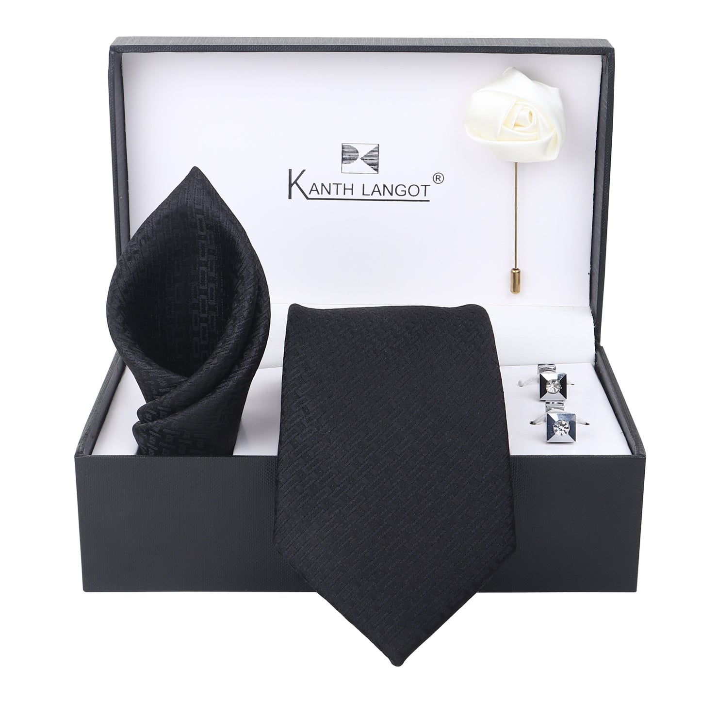 Kanthlangot Black Textured Tie, Pocket Square, Cufflinks & White Flower Lapel Pin Set (4-Piece Gift Box)