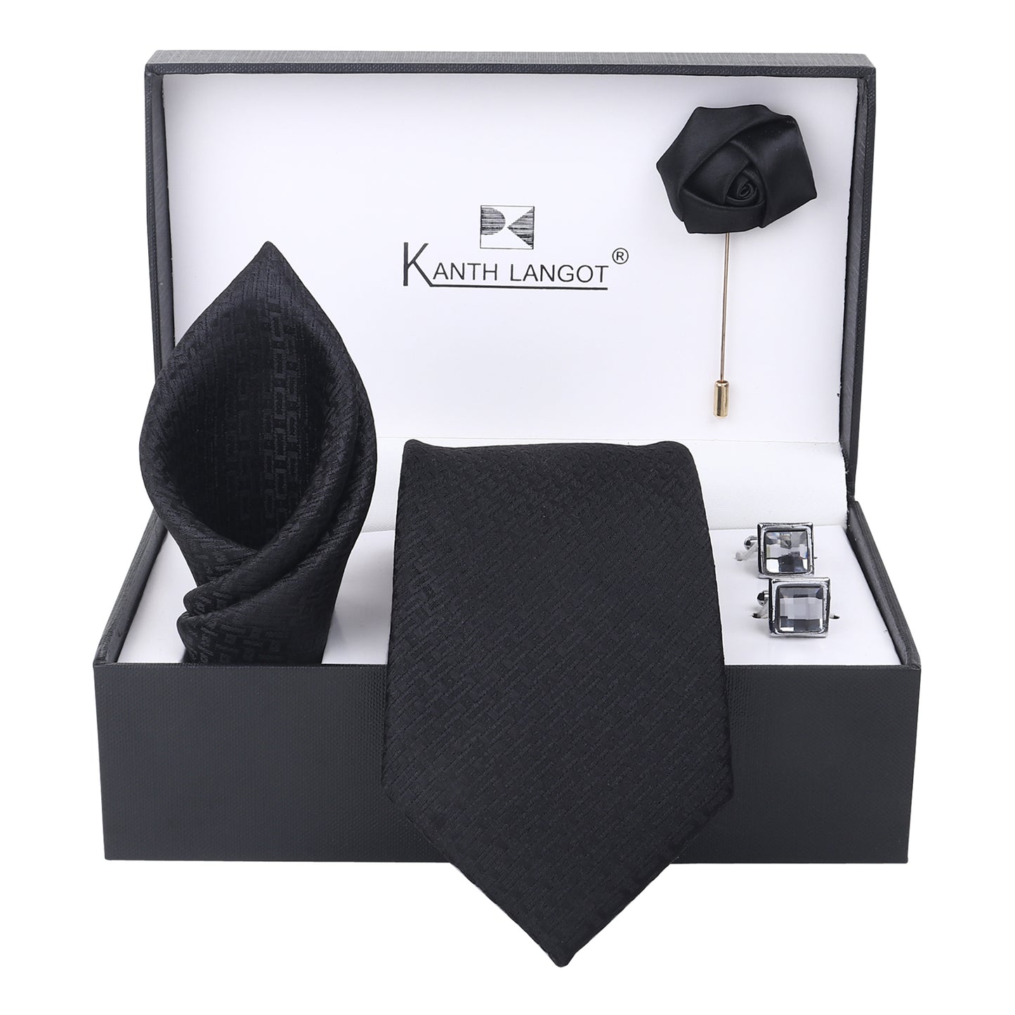 Kanthlangot Black Monogram Tie, Pocket Square, Cufflinks & Rose Lapel Pin Set (4-Piece Gift Box)