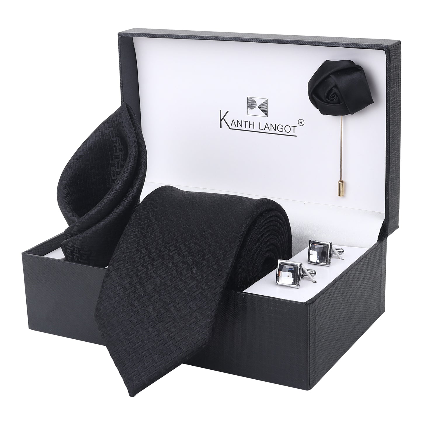 Kanthlangot Black Monogram Tie, Pocket Square, Cufflinks & Rose Lapel Pin Set (4-Piece Gift Box)