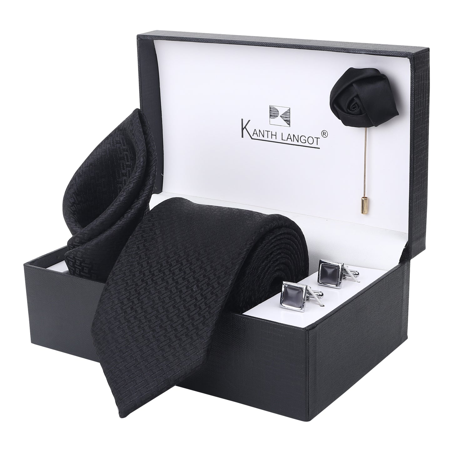 Discover Kanthlangot’s 4-piece black monogram tie set with pocket square, rose lapel pin, and crystal cufflinks—perfect for weddings, gifting, and formal wear.