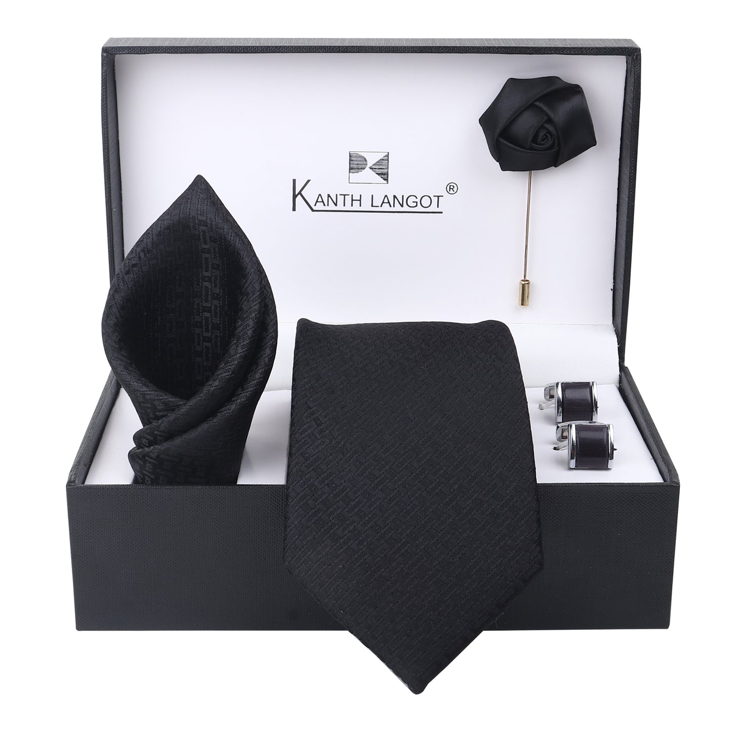 Kanthlangot Classic Jet Black Tie, Pocket Square, Rose Lapel Pin & Cufflinks Set (4-Piece Gift Box)