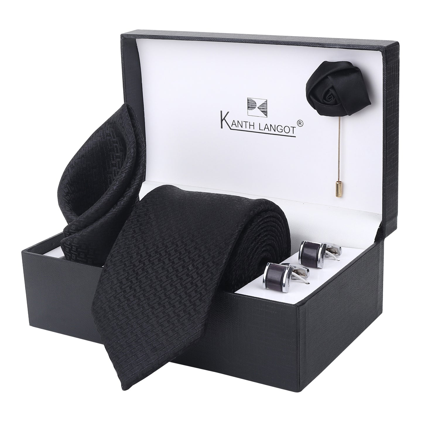 Kanthlangot Classic Jet Black Tie, Pocket Square, Rose Lapel Pin & Cufflinks Set (4-Piece Gift Box)