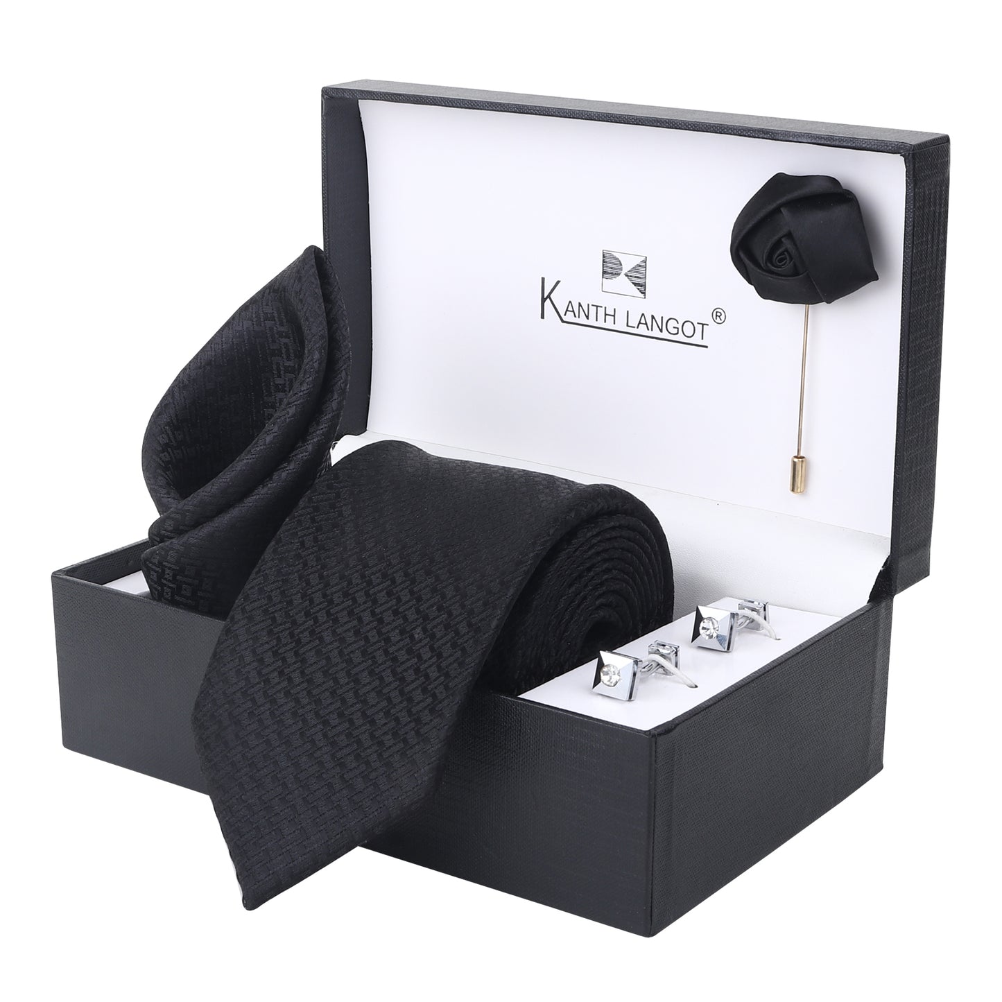 Kanthlangot Black Textured Tie, Pocket Square, Rose Lapel Pin & Crystal Cufflinks Set (4-Piece Gift Box)