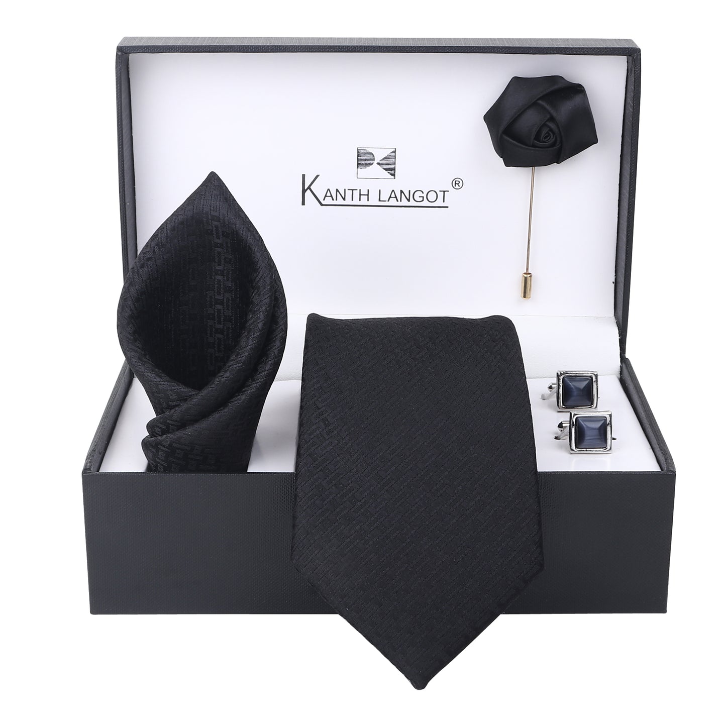 Kanthlangot Black Textured Tie, Pocket Square, Rose Lapel Pin & Midnight Blue Cufflinks Set (4-Piece Gift Box)