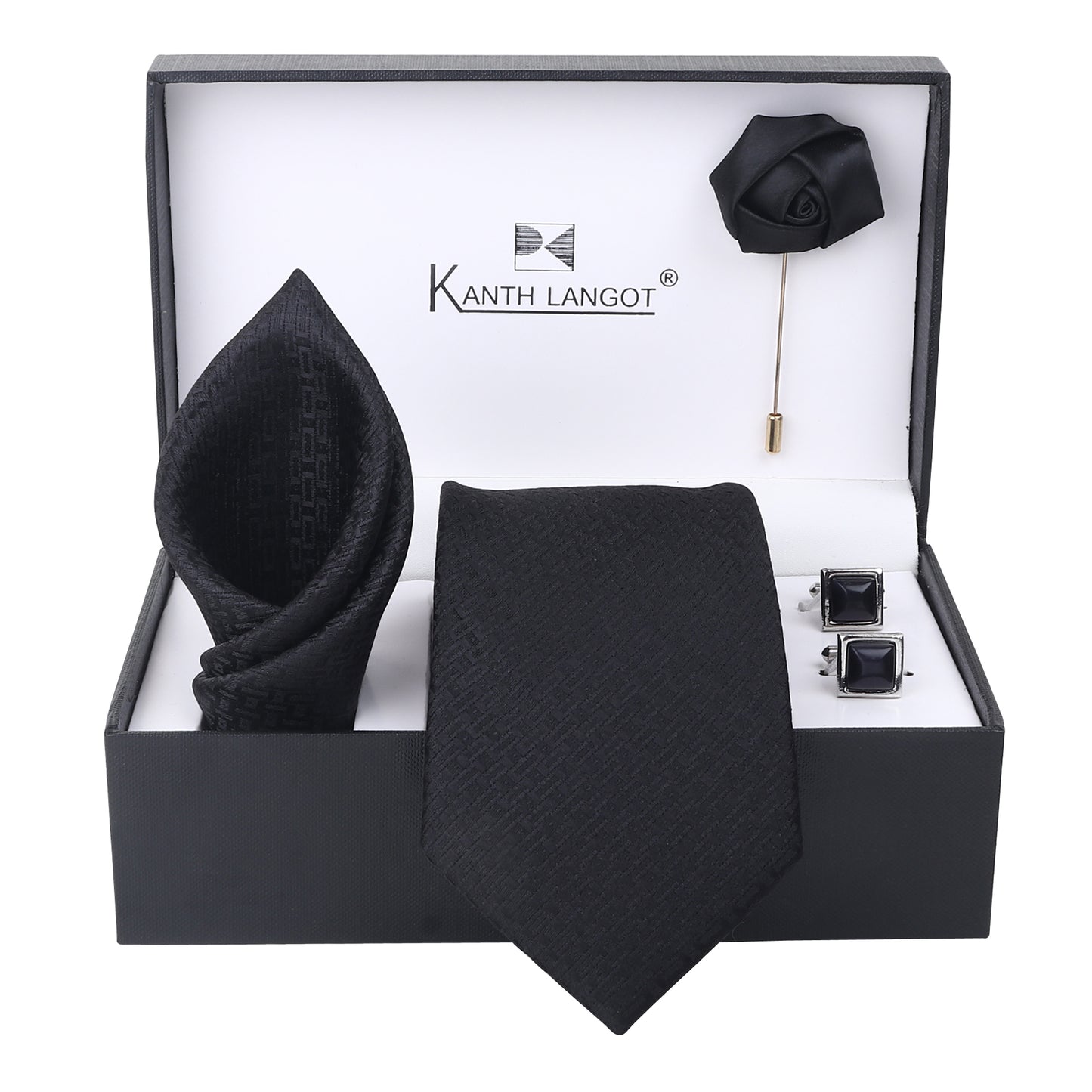 Kanthlangot Classic Black Tie Set with Pocket Square, Rose Lapel Pin & Onyx Cufflinks – Premium 4-Piece Gift Box