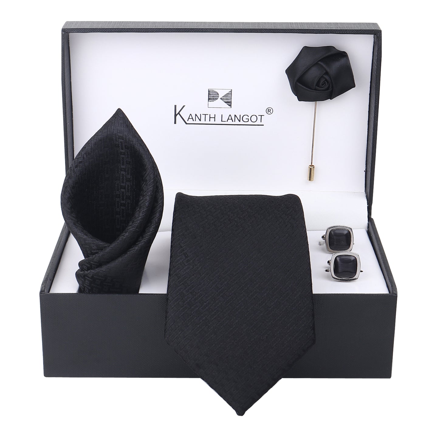 Kanthlangot Luxe Black Tie Set with Pocket Square, Rose Lapel Pin & Gunmetal Cufflinks – Signature 4-Piece Gift Box