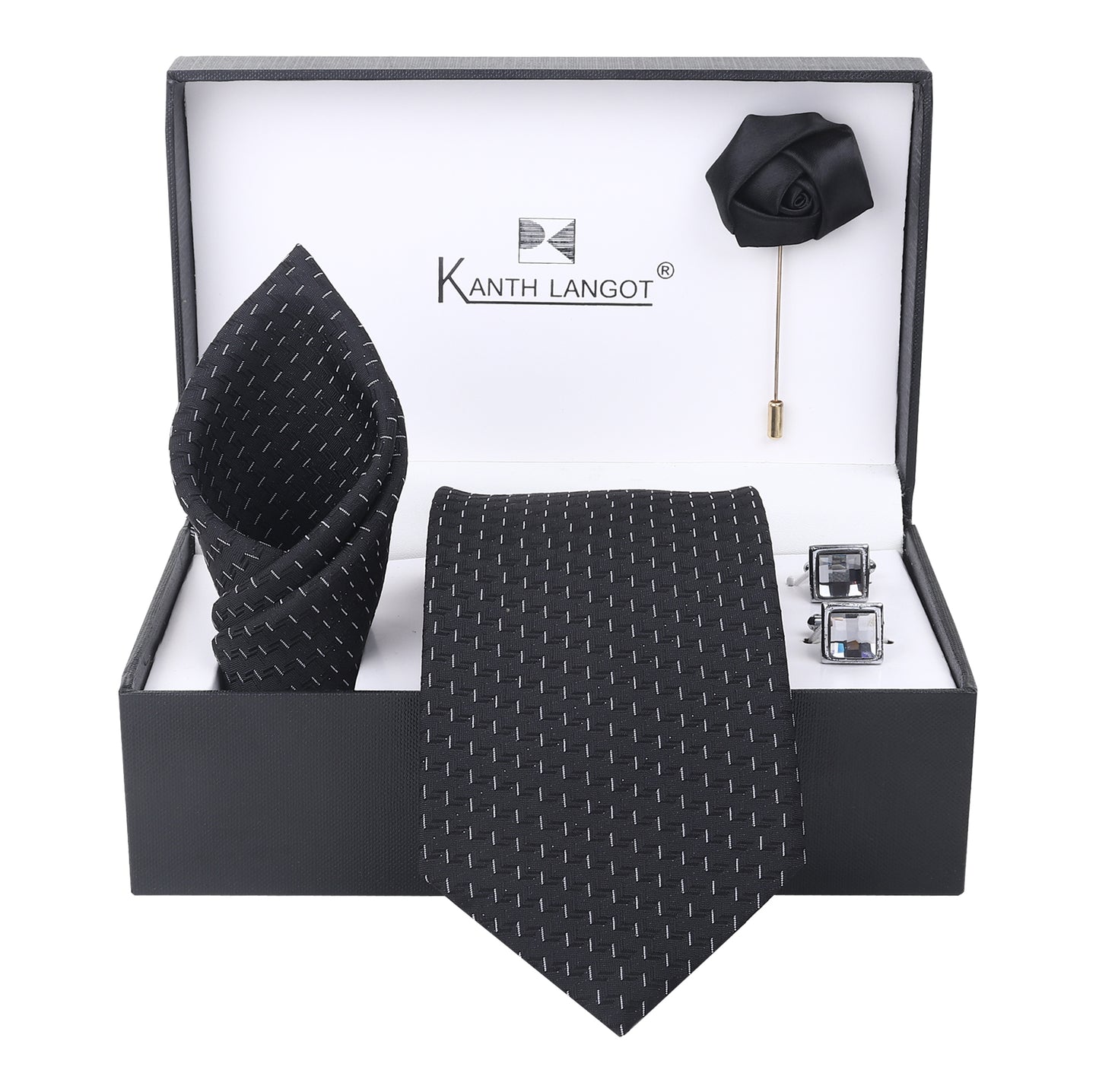 Kanthlangot Black Linear Stitch Necktie Set with Pocket Square, Cufflinks & Lapel Pin – Set of 4 in Gift Box
