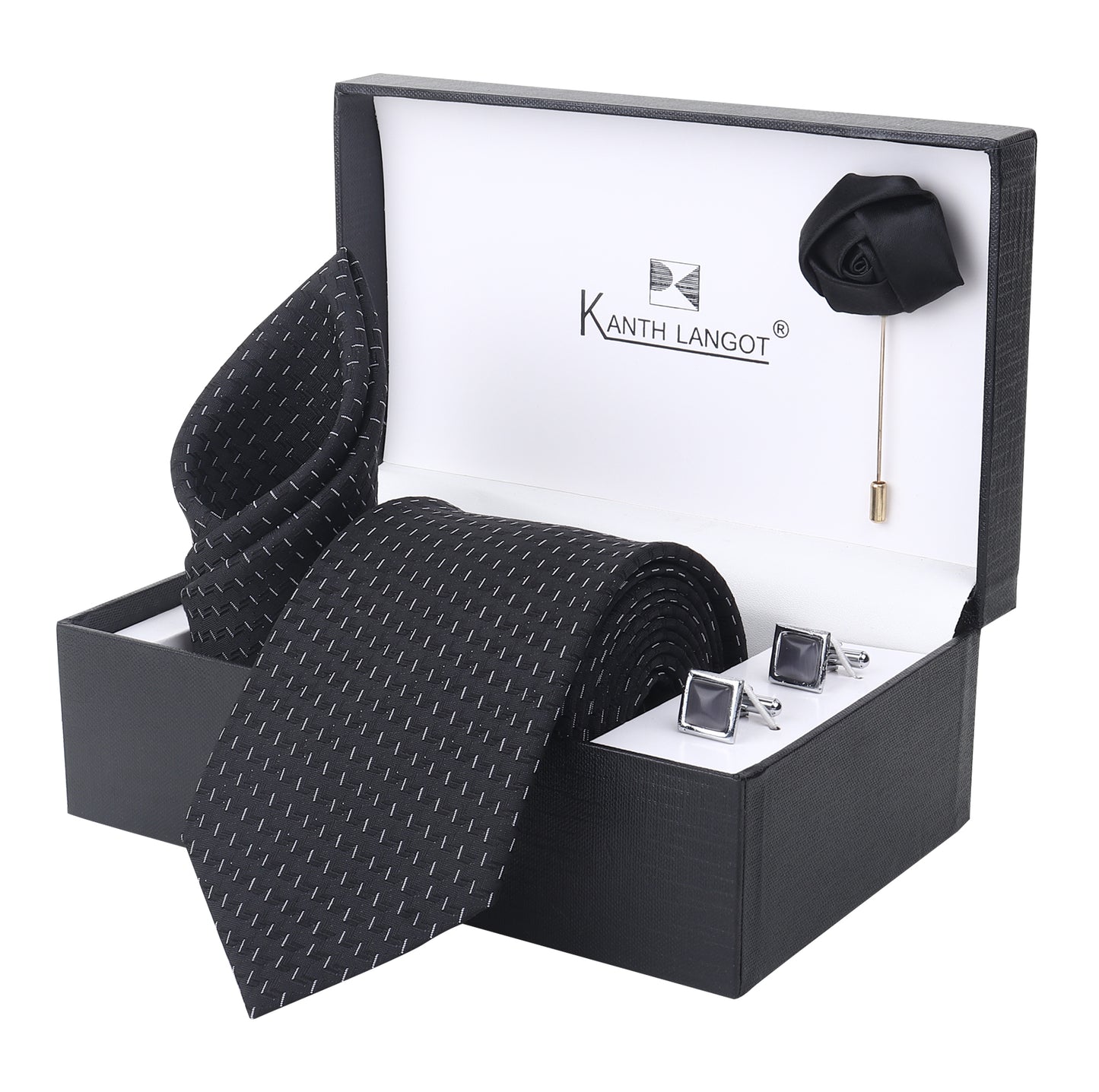 Kanthlangot Black Dotted Necktie Set with Pocket Square, Cufflinks & Lapel Pin – Set of 4 Gift Box
