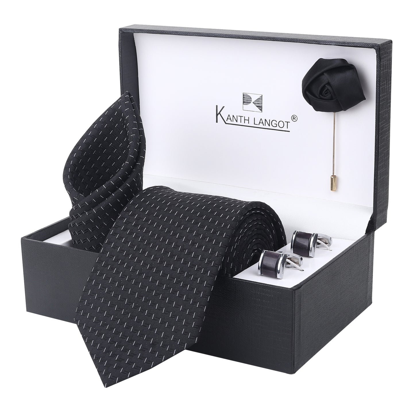 Kanthlangot Black Textured Necktie Set with Pocket Square, Cufflinks & Lapel Pin – Gift Set of 4