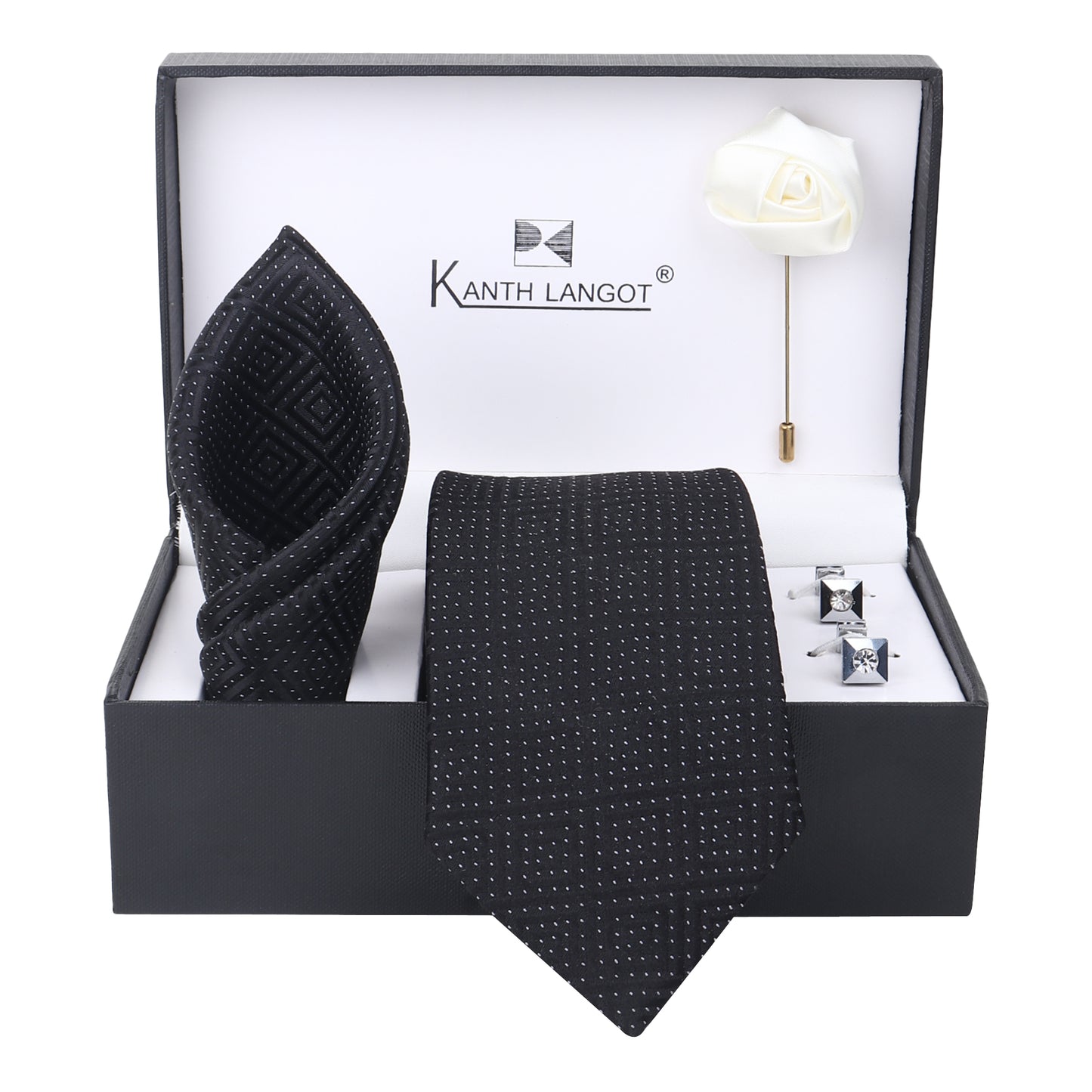 Kanthlangot Black Diamond Dot Tie Set with Pocket Square, Cufflinks & Lapel Pin – Set of 4