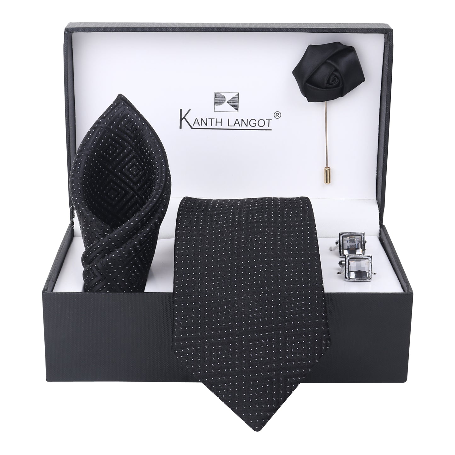Kanthlangot Textured Black Grid Tie Set with Pocket Square, Cufflinks & Lapel Pin – Set of 4
